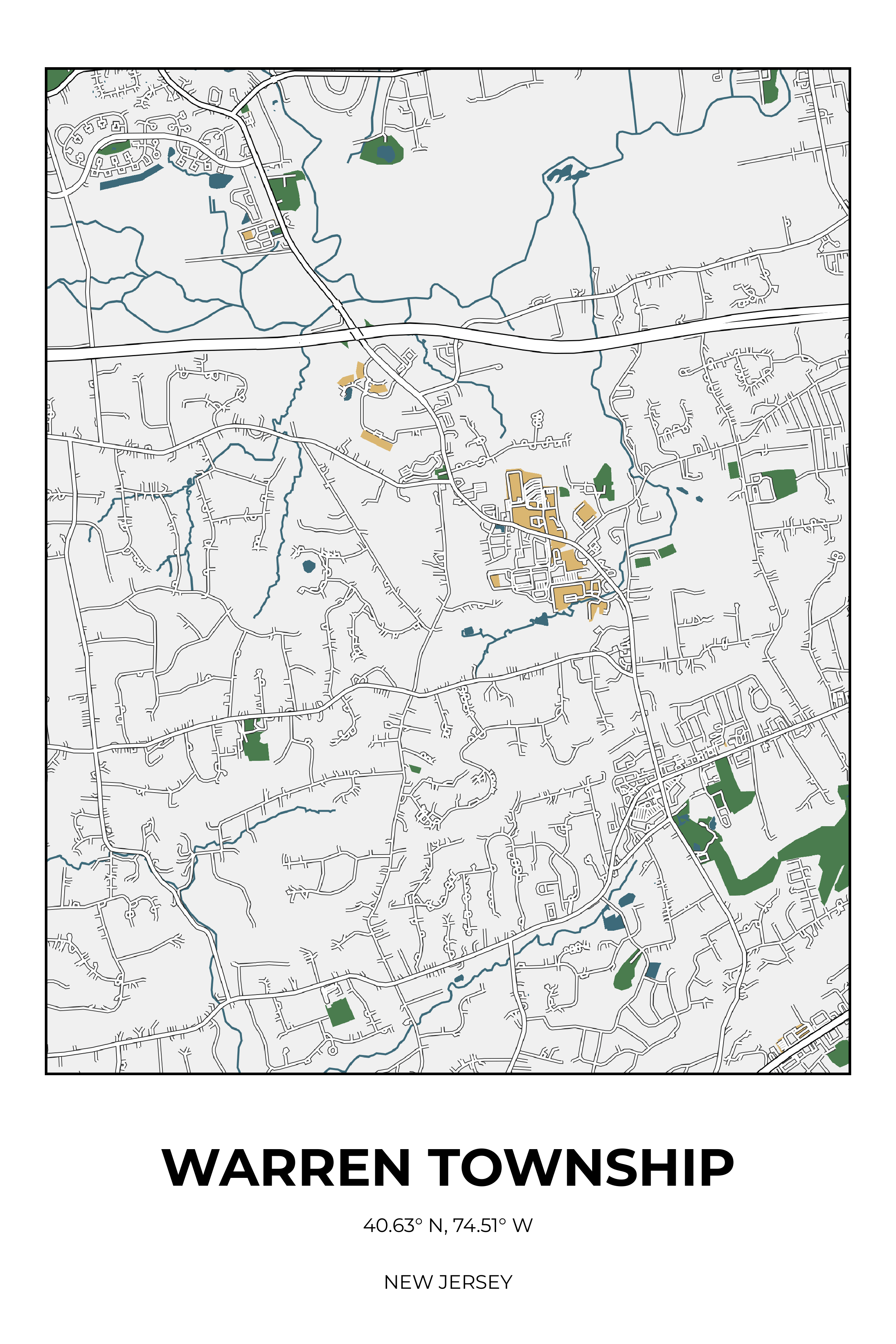 Warren Township, New Jersey Detailed street map poster