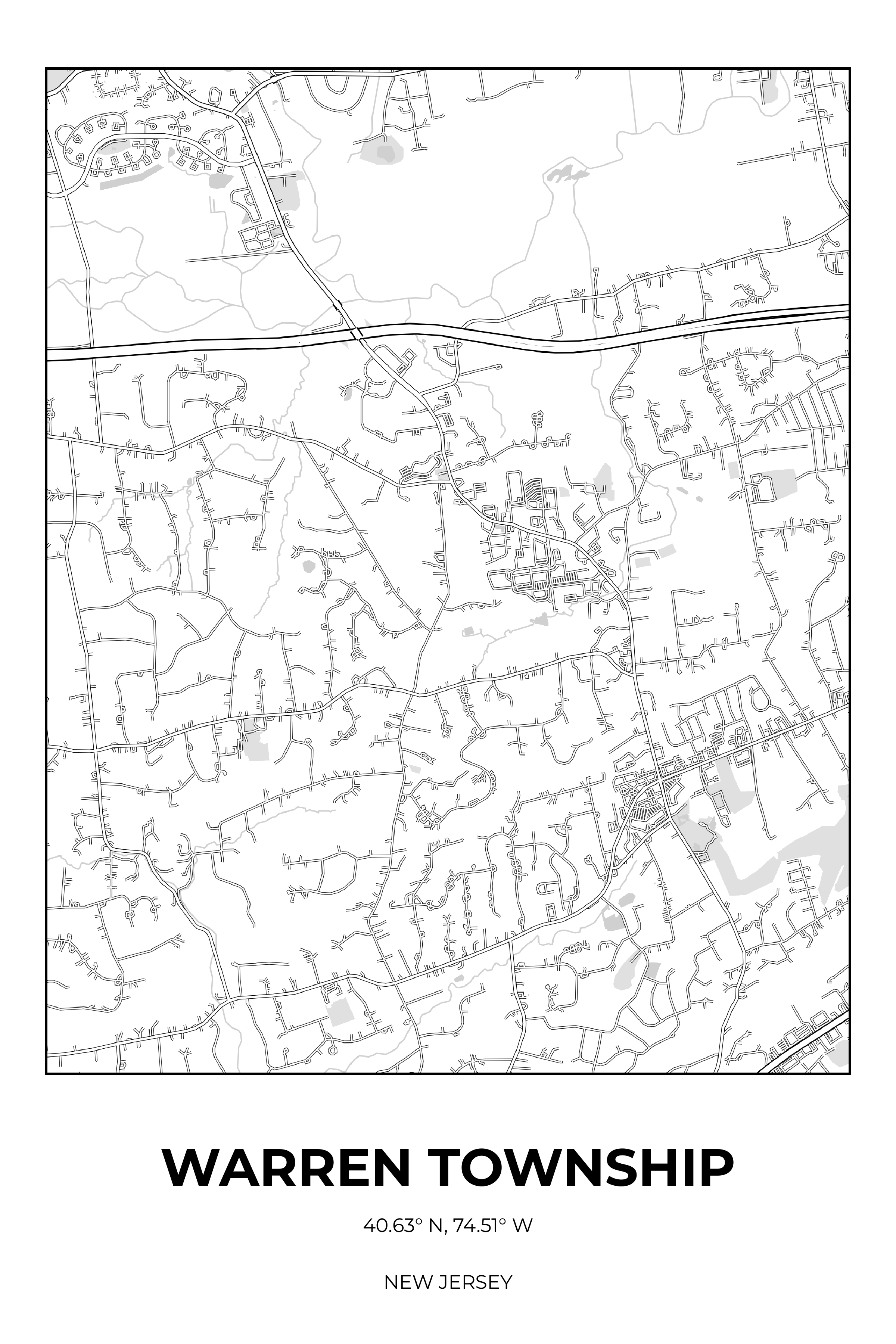 Warren Township, New Jersey Monochrome street map poster