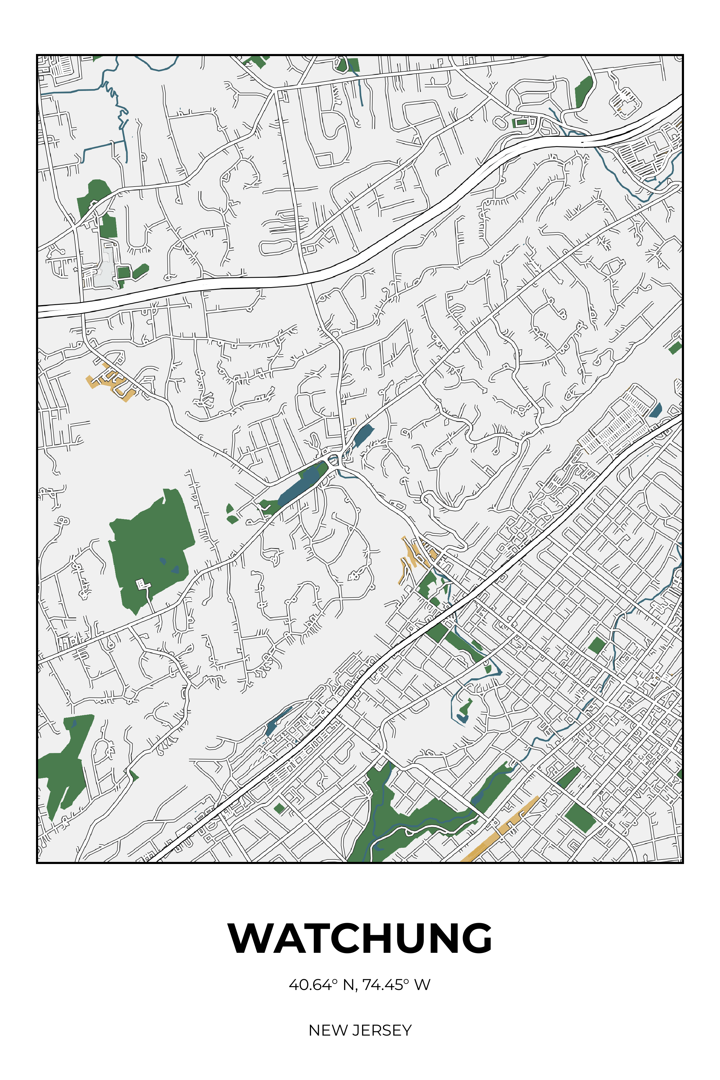 Watchung, New Jersey Detailed street map poster
