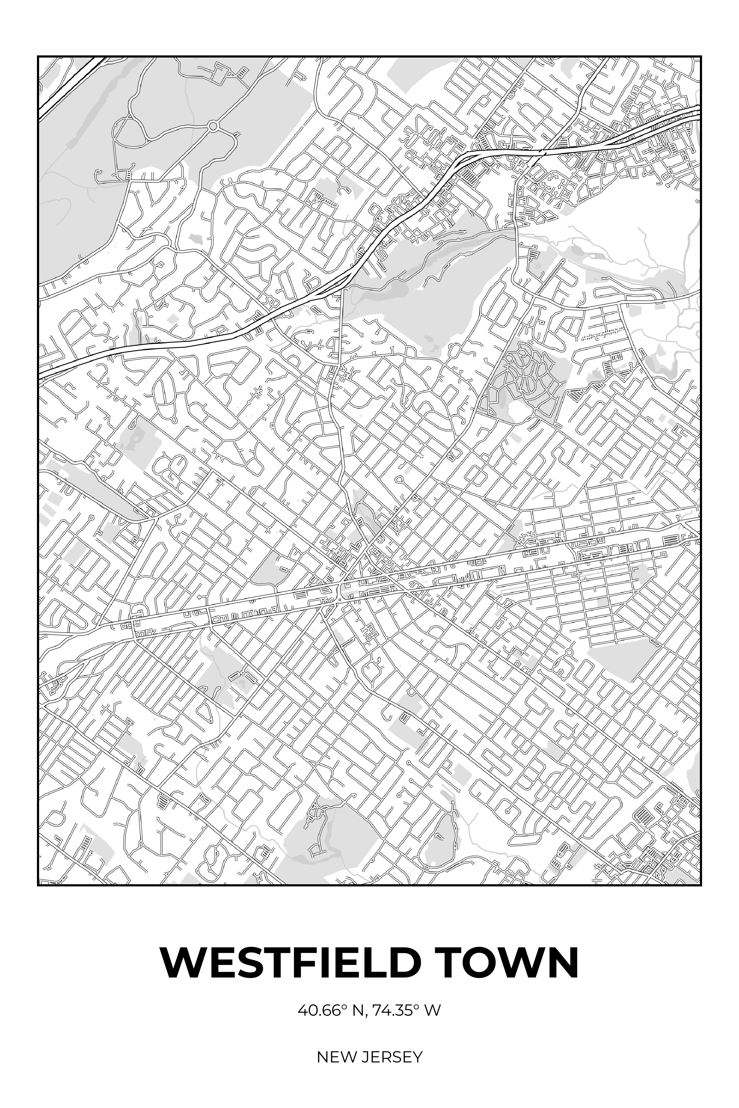 Westfield Town, New Jersey Monochrome street map poster