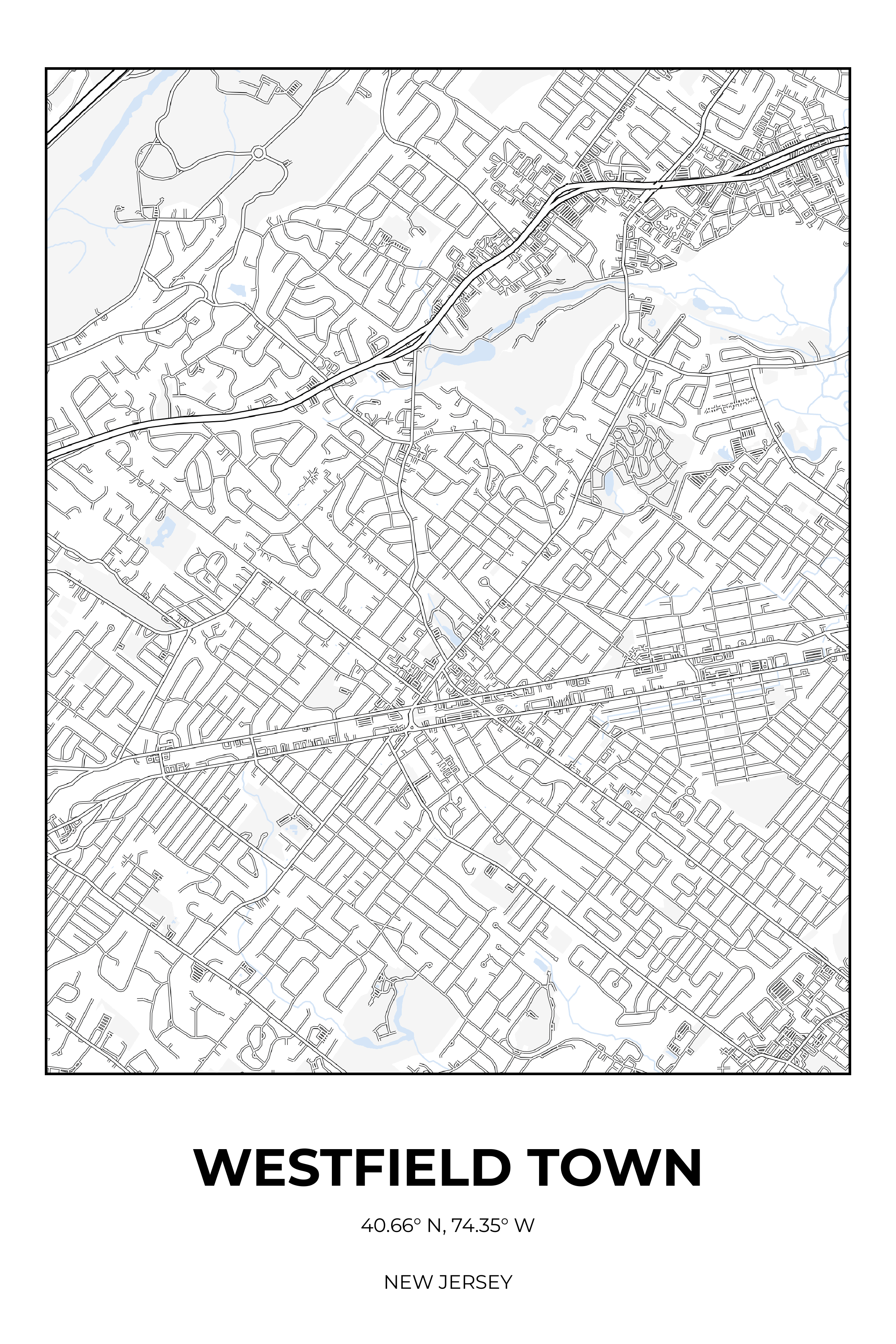 Westfield Town, New Jersey Winter street map poster