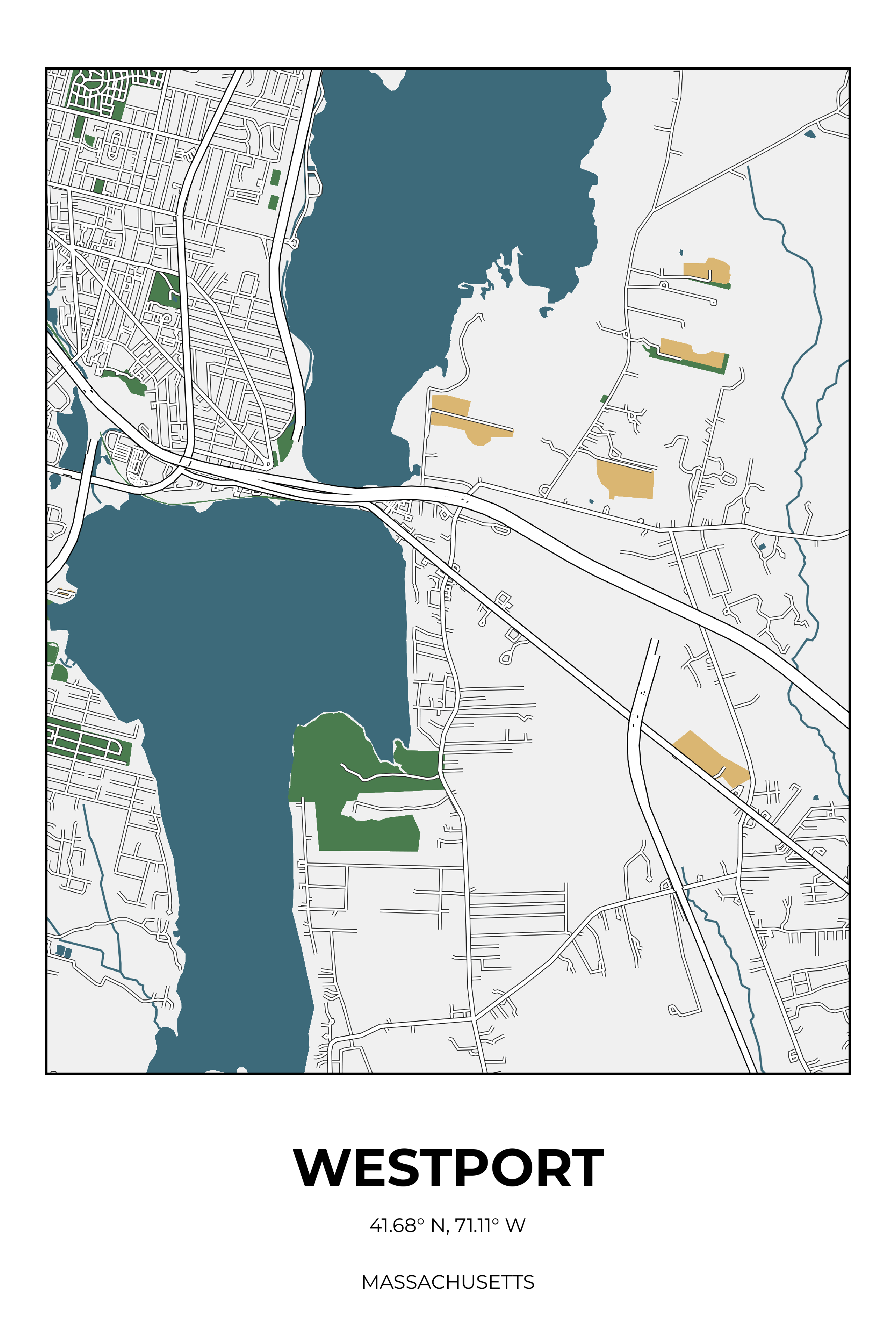 Westport, Massachusetts Detailed street map poster