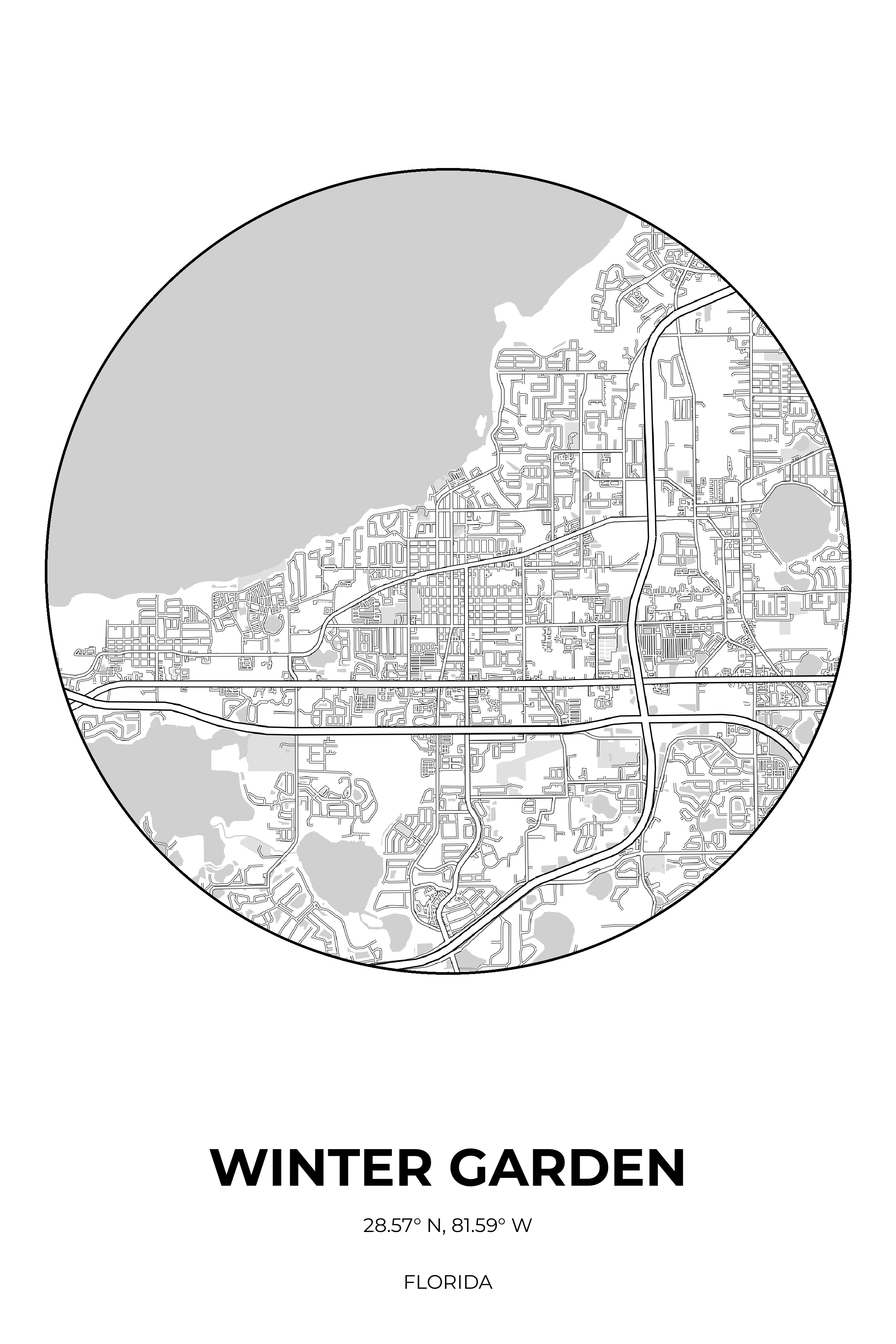 Winter Garden Florida Monochrome Circle Map