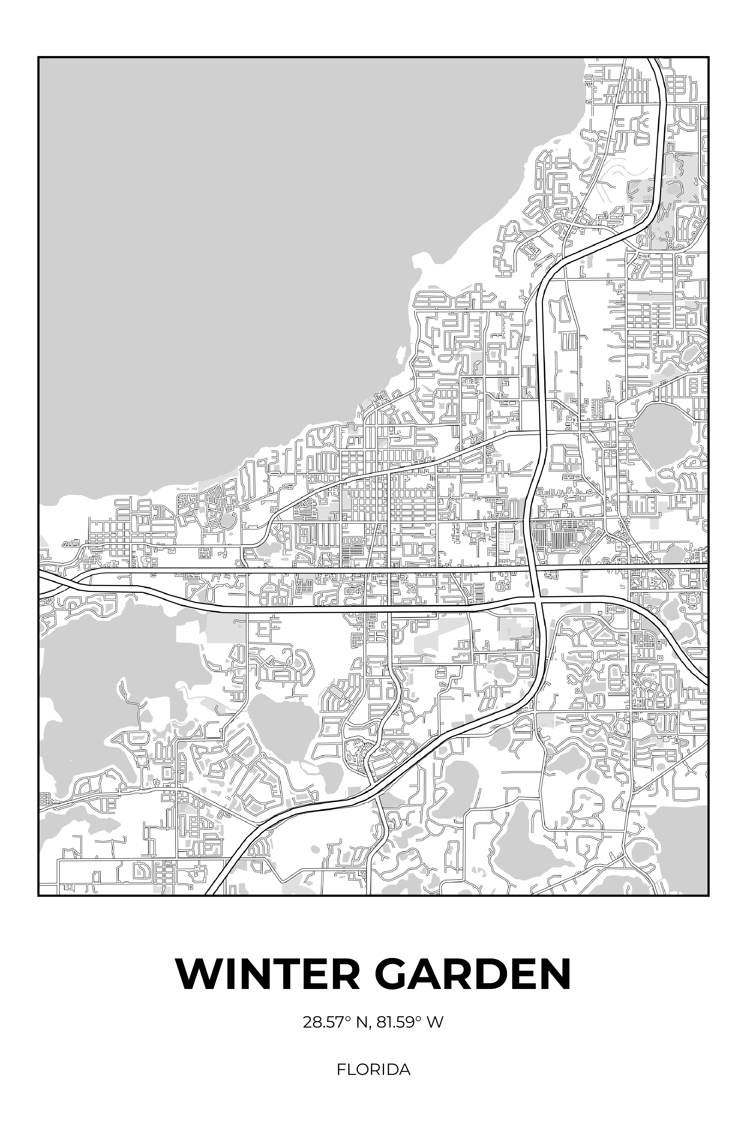 Winter Garden, Florida Monochrome street map poster