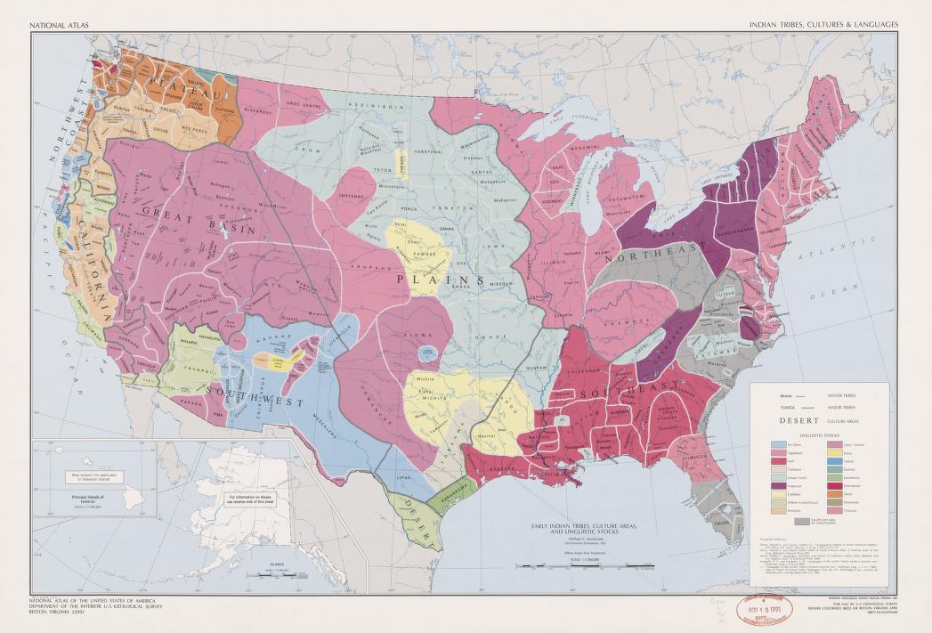 Mid-20th Century Map of Native American Tribes, Cultures & Languages of the United States