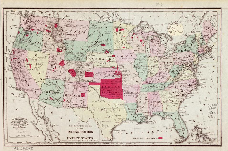 1868 Map of Native American Tribes & Reservations in the United States