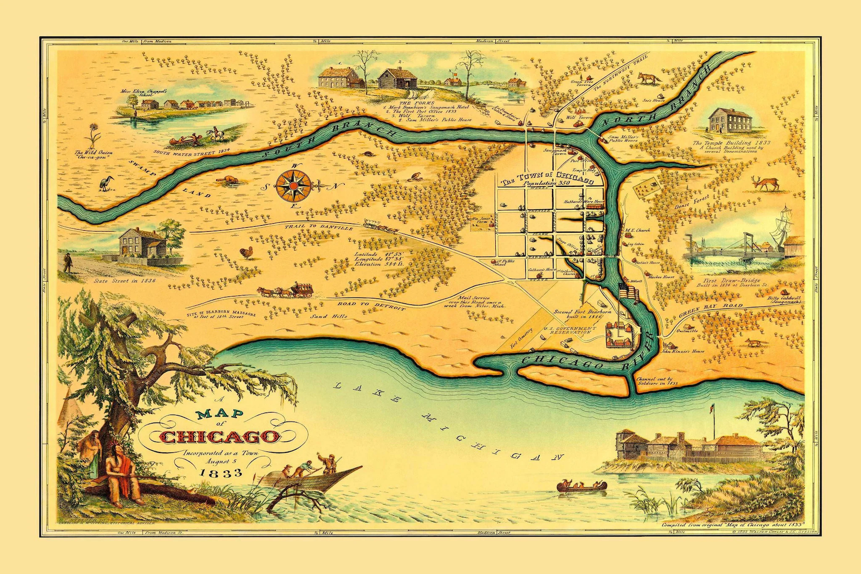 1884 Early Chicago Town Incorporation Historical Map Print