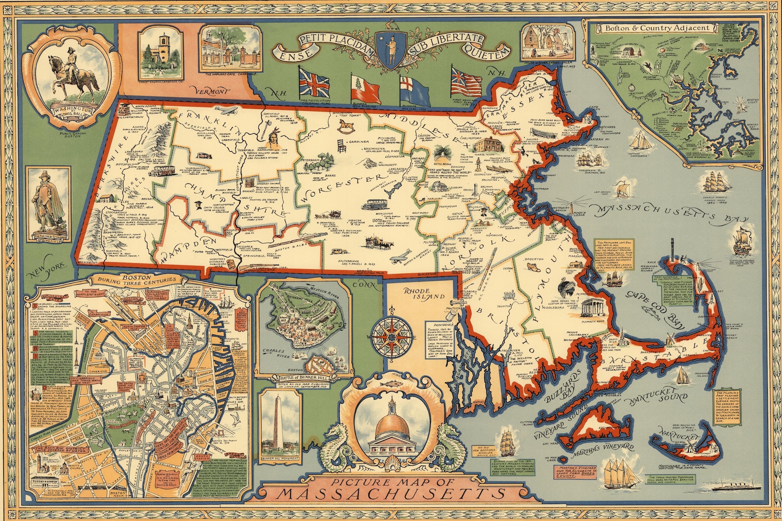 1930 Massachusetts Illustrated Historical State Map Print