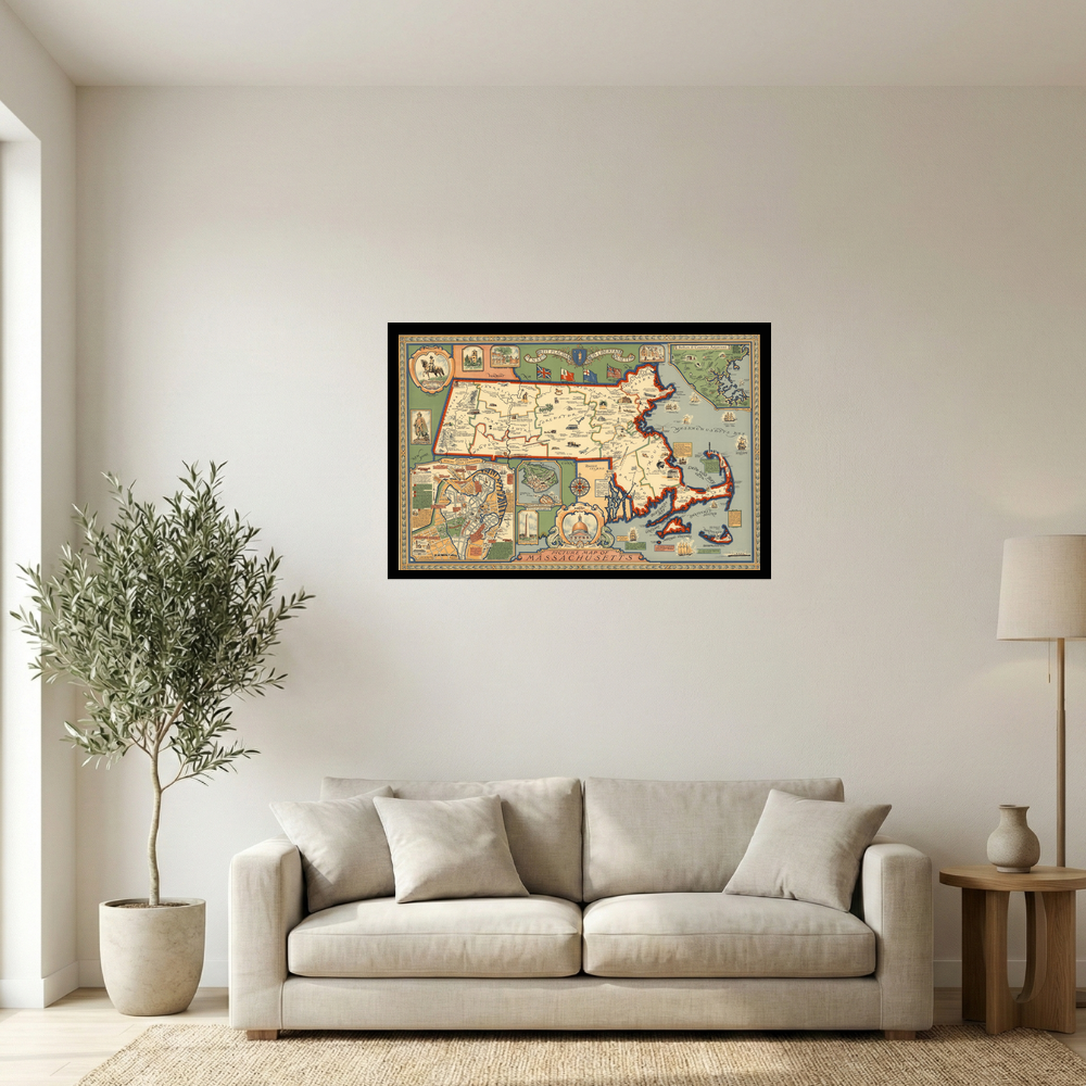 1930 Massachusetts Illustrated Historical State Map Print Mockup