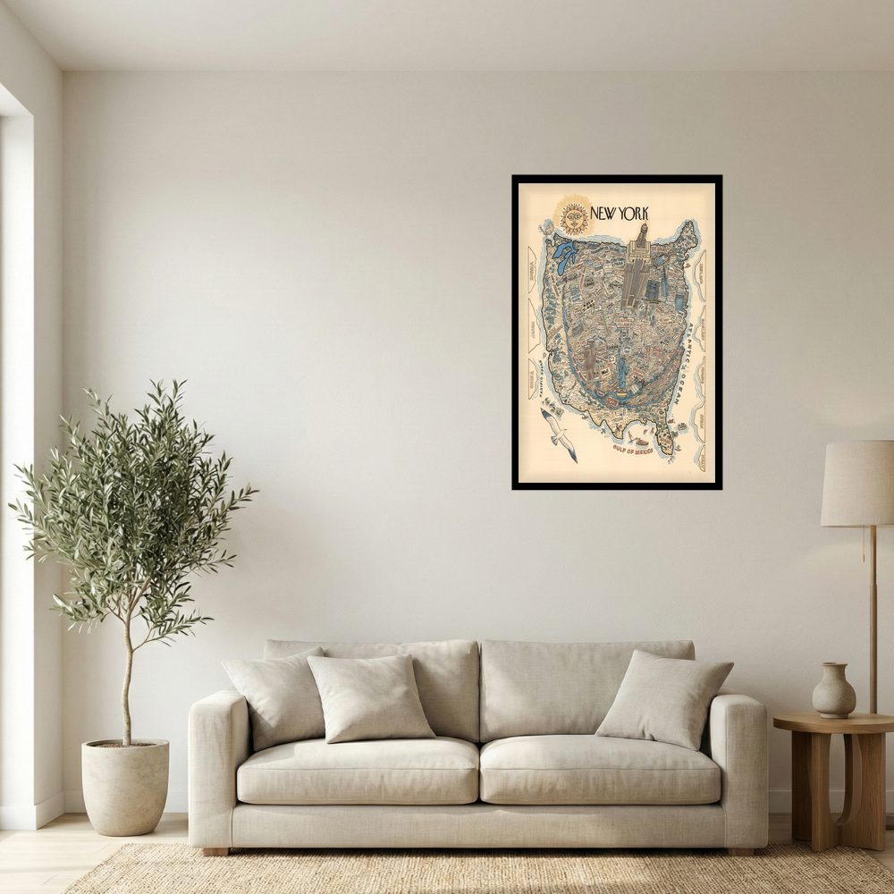 1976 New York City as United States Illustrated Map Print Mockup