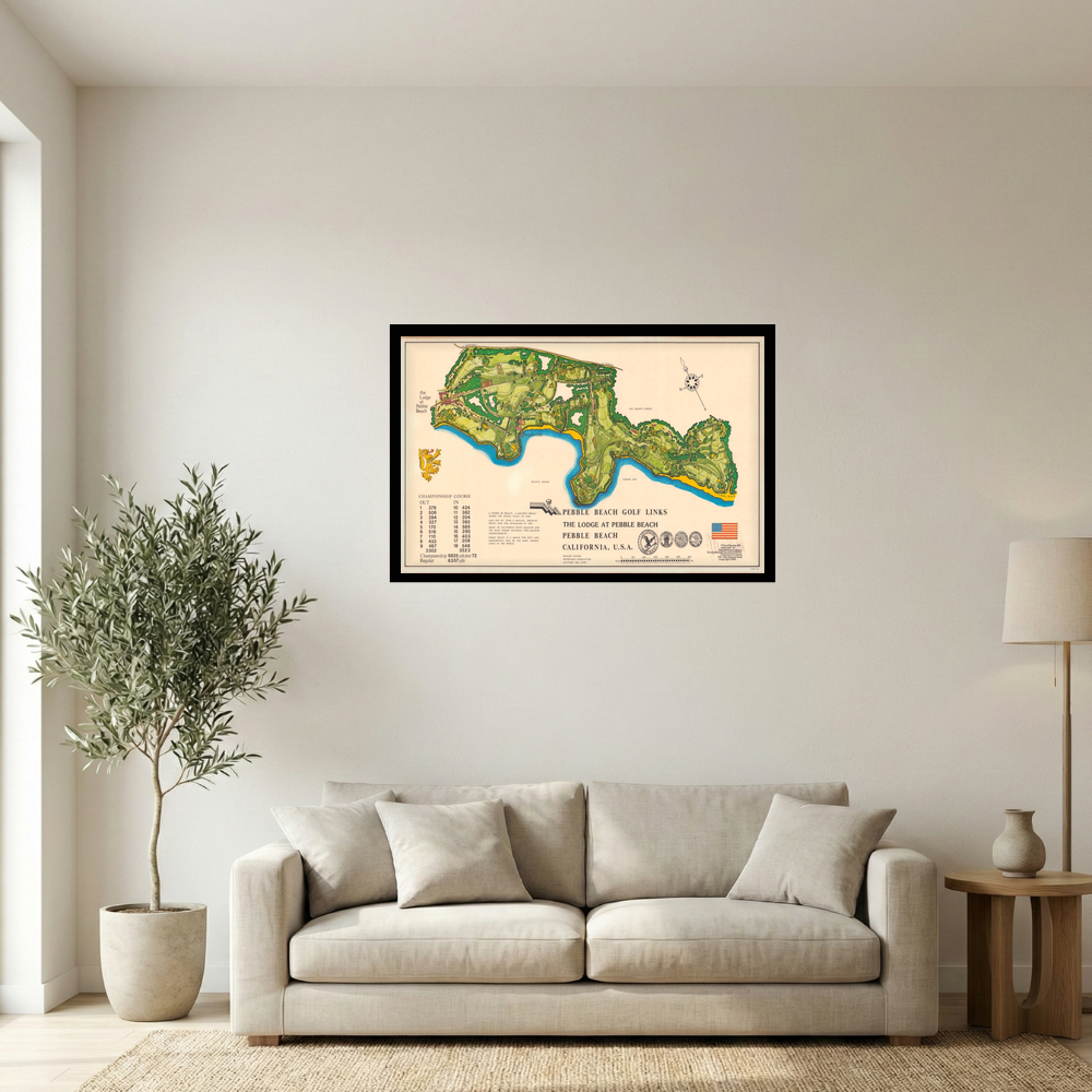1965 Pebble Beach Golf Links Course Illustrated Map Print Mockup
