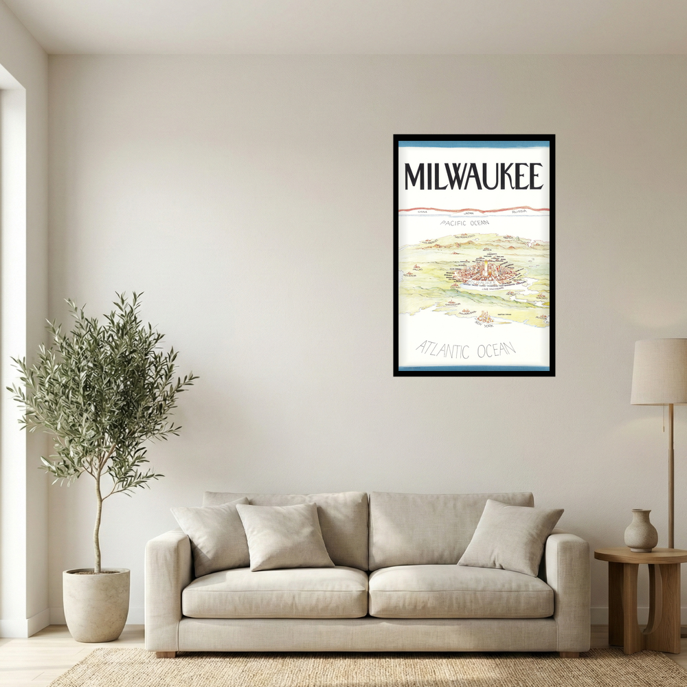 1966 Milwaukee View of the World Illustrated City Map Print Mockup