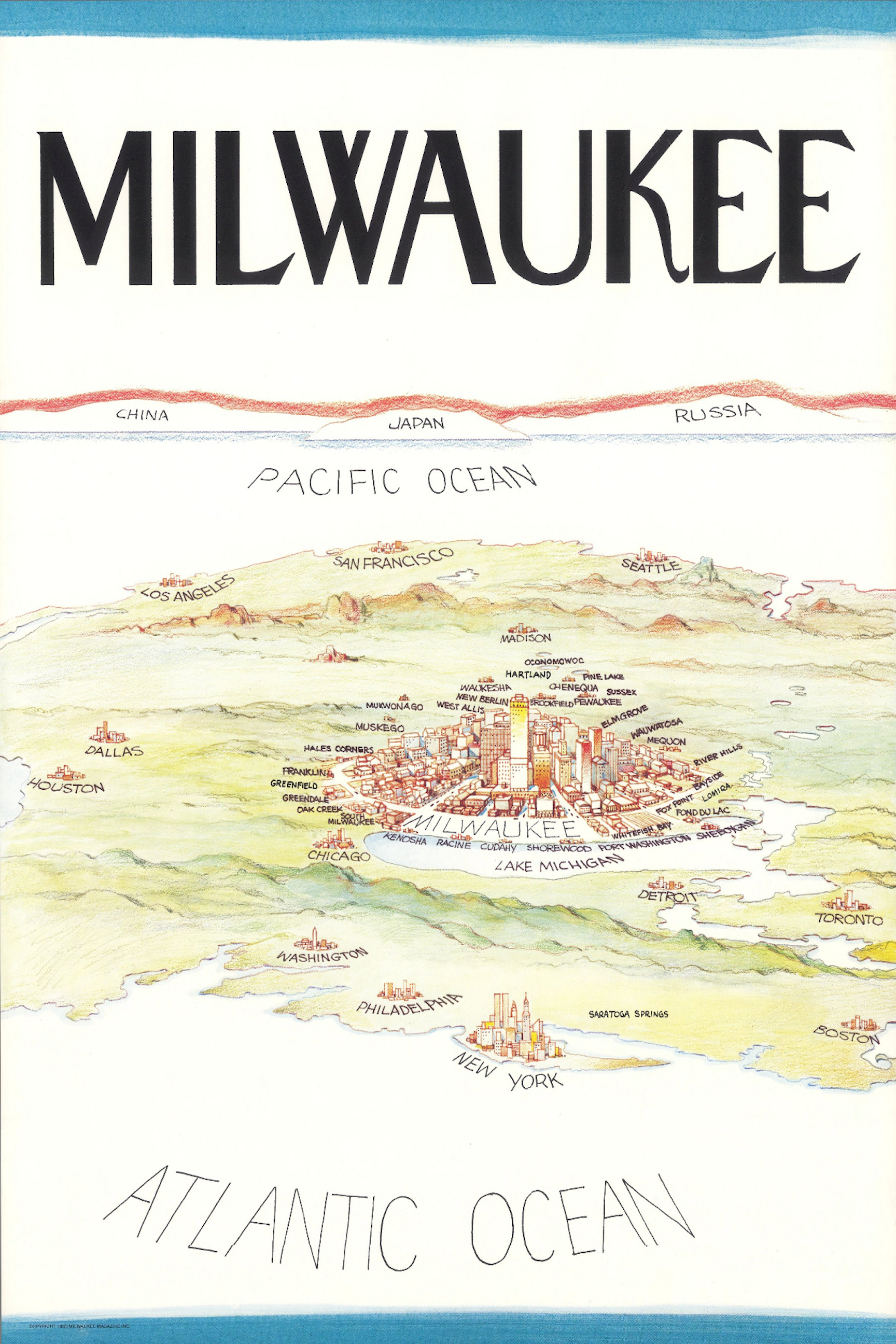 1966 Milwaukee View of the World Illustrated City Map Print