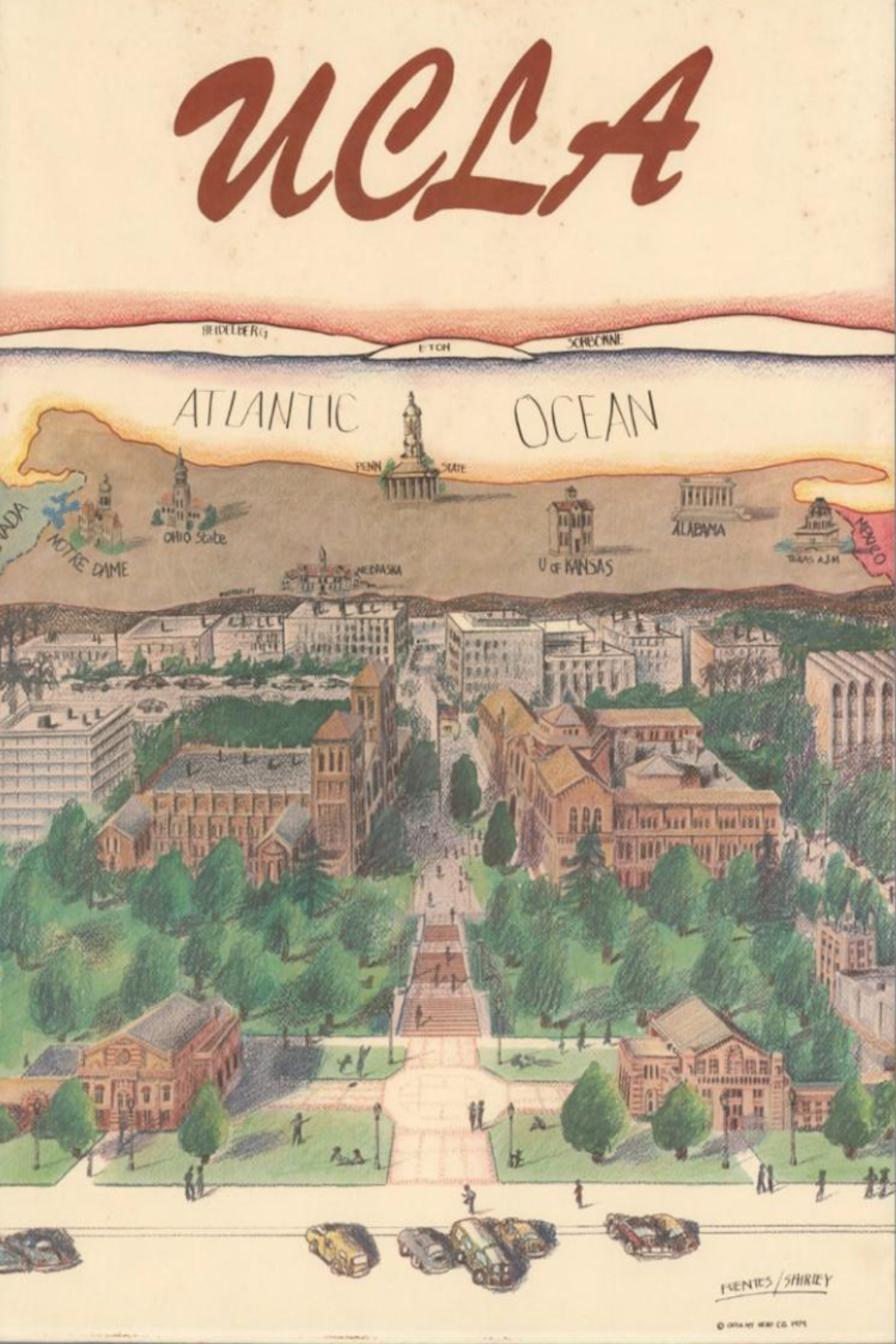 1965 UCLA Campus Illustrated View of the World Map Print