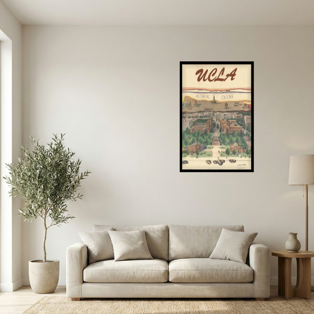 1965 UCLA Campus Illustrated View of the World Map Print Mockup