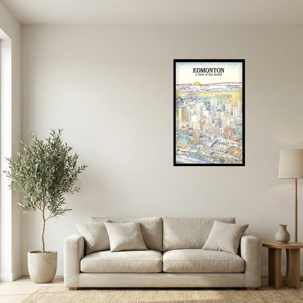 1976 Edmonton View of the World Illustrated City Map Print Mockup