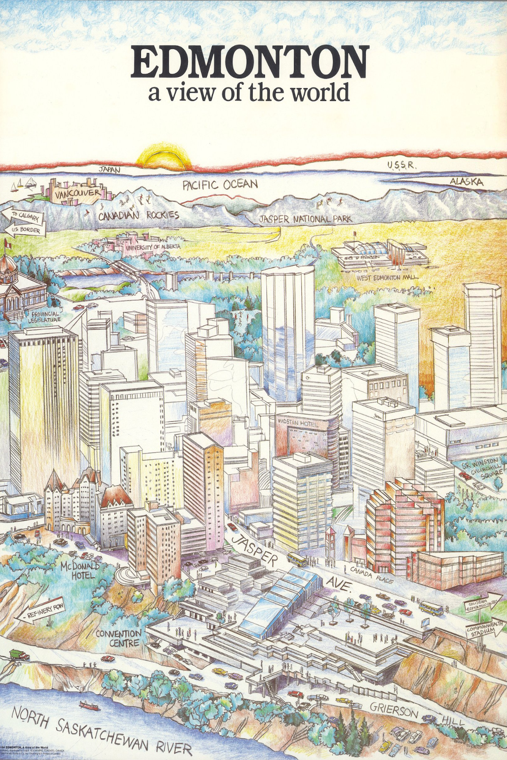 1976 Edmonton View of the World Illustrated City Map Print