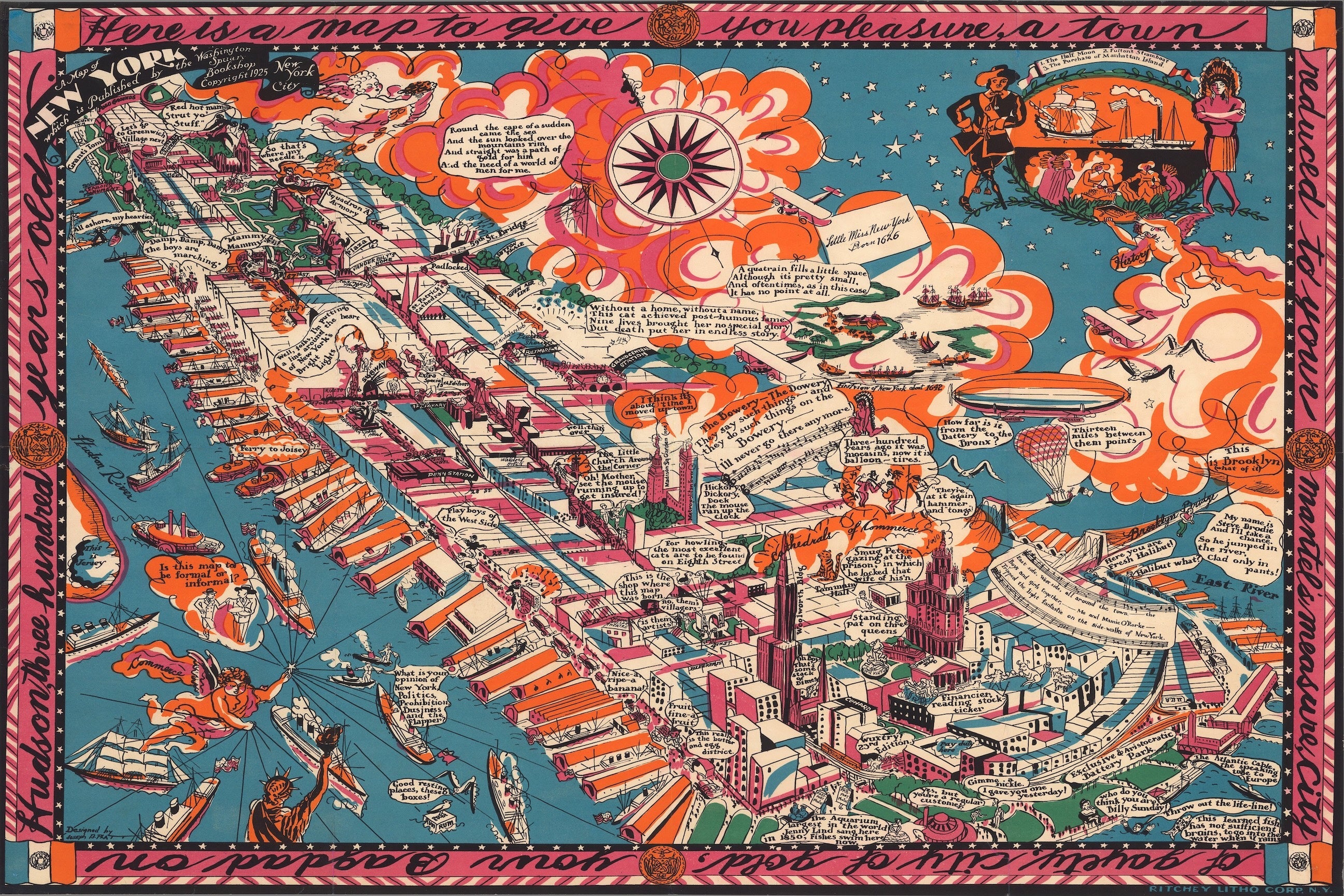 Vintage Washington Square New York Pictorial Cartoon Map Print