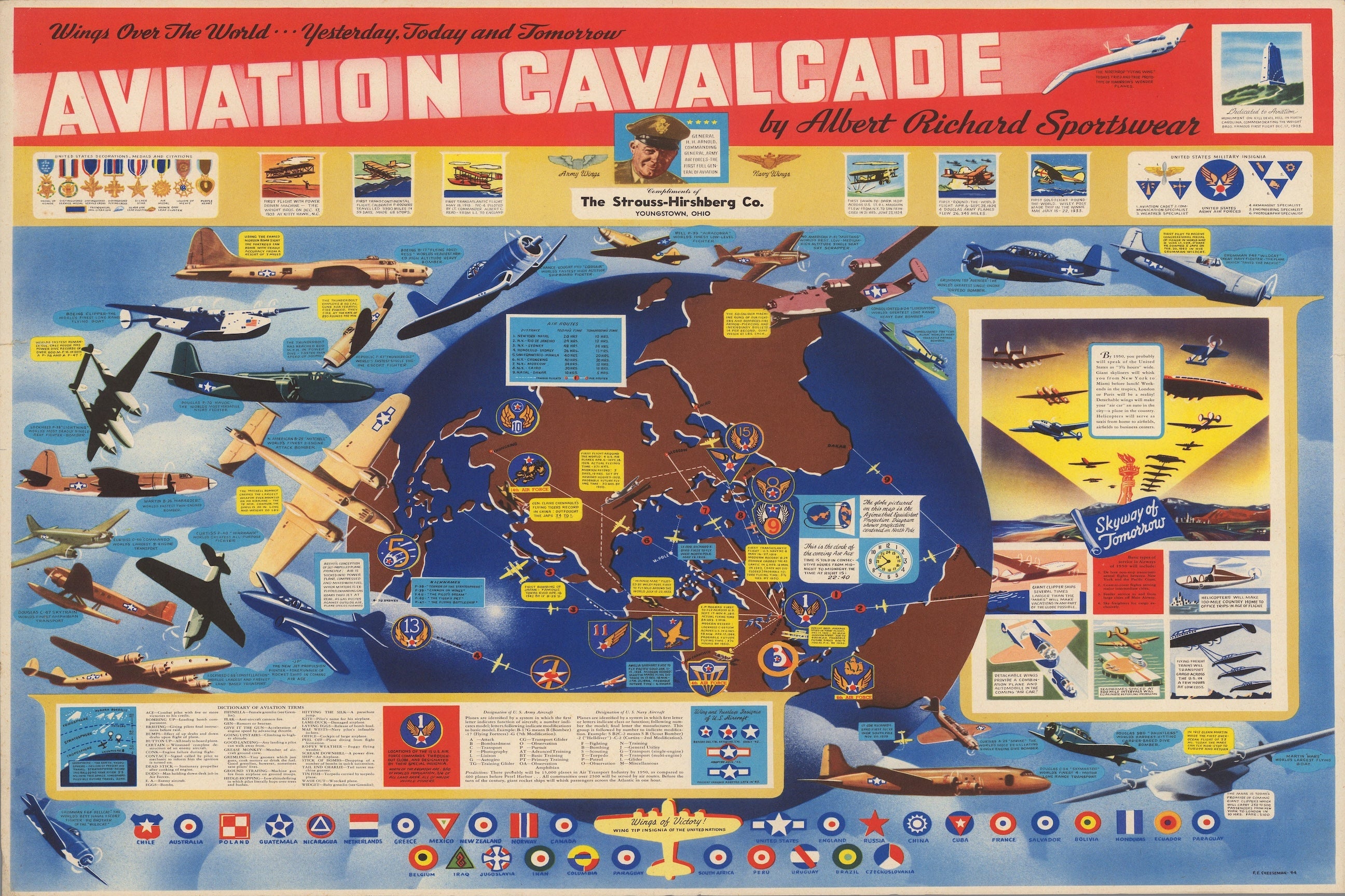 1944 Aviation Cavalcade Wings Over the World Map Print