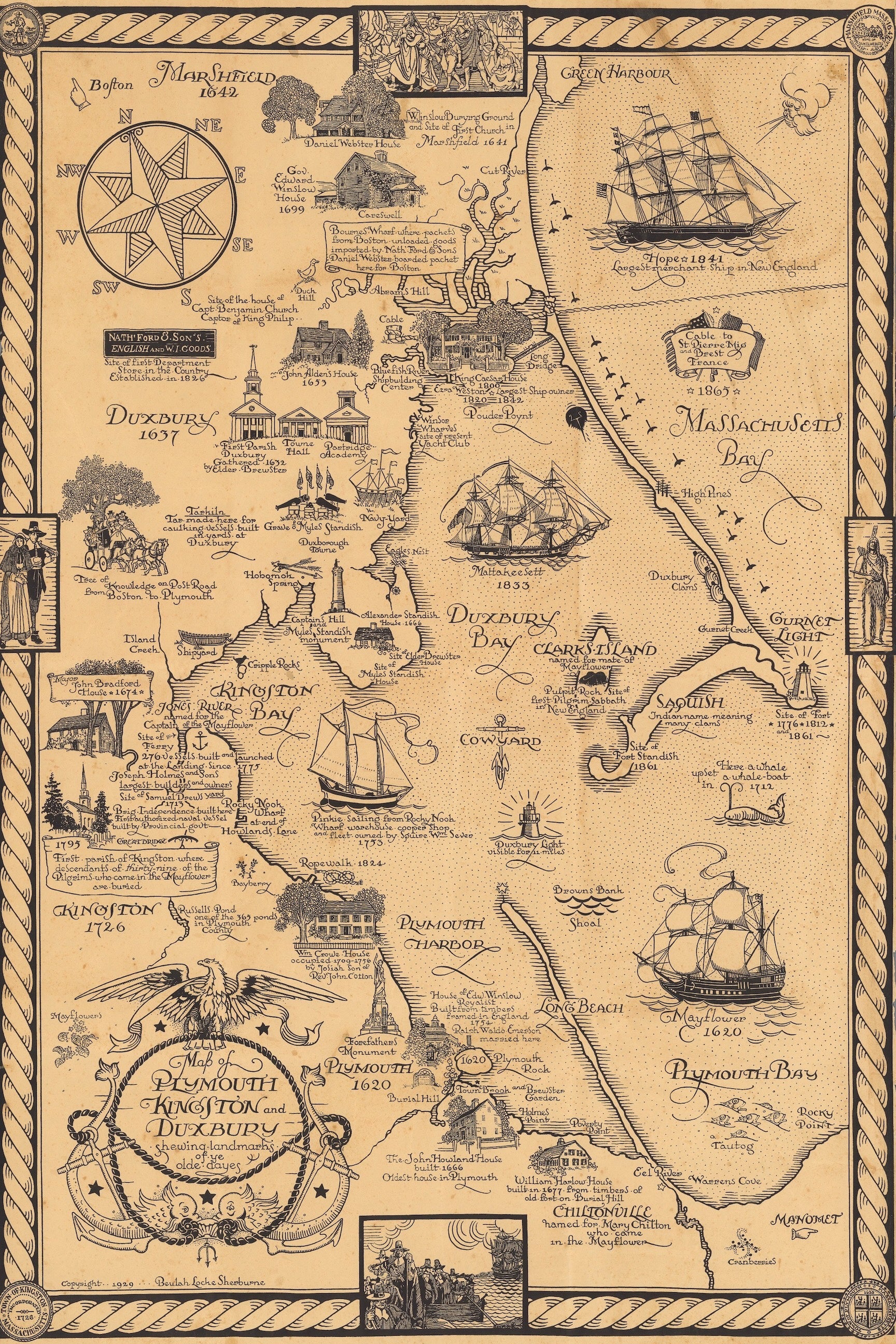 Early Plymouth Kingston and Duxbury Massachusetts Map Print