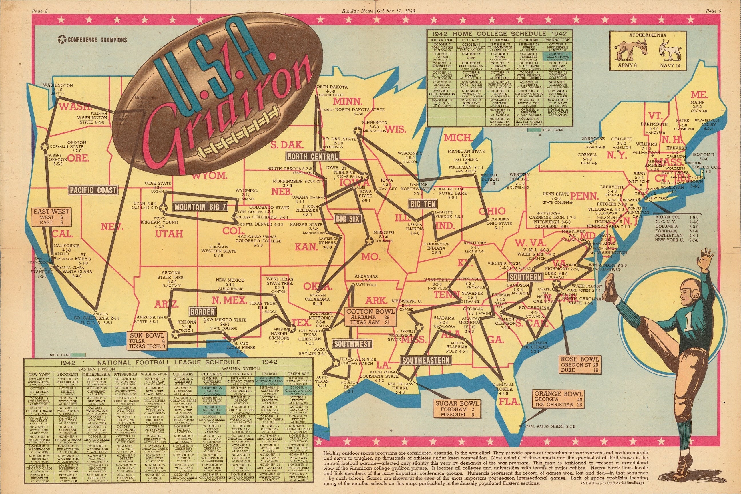 1942 United States Football Gridiron War Time Map Print