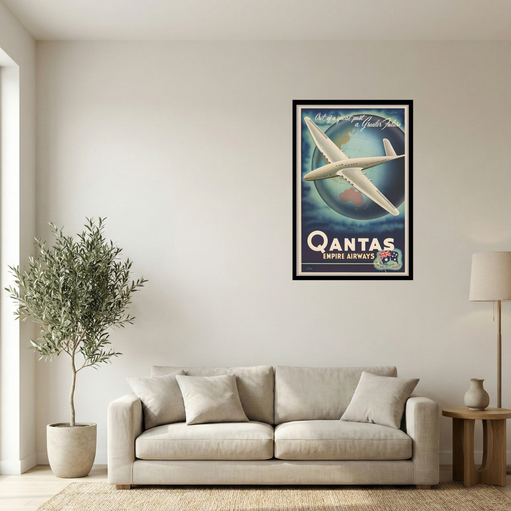 Vintage Qantas Empire Airways World Route Globe Map Print Mockup