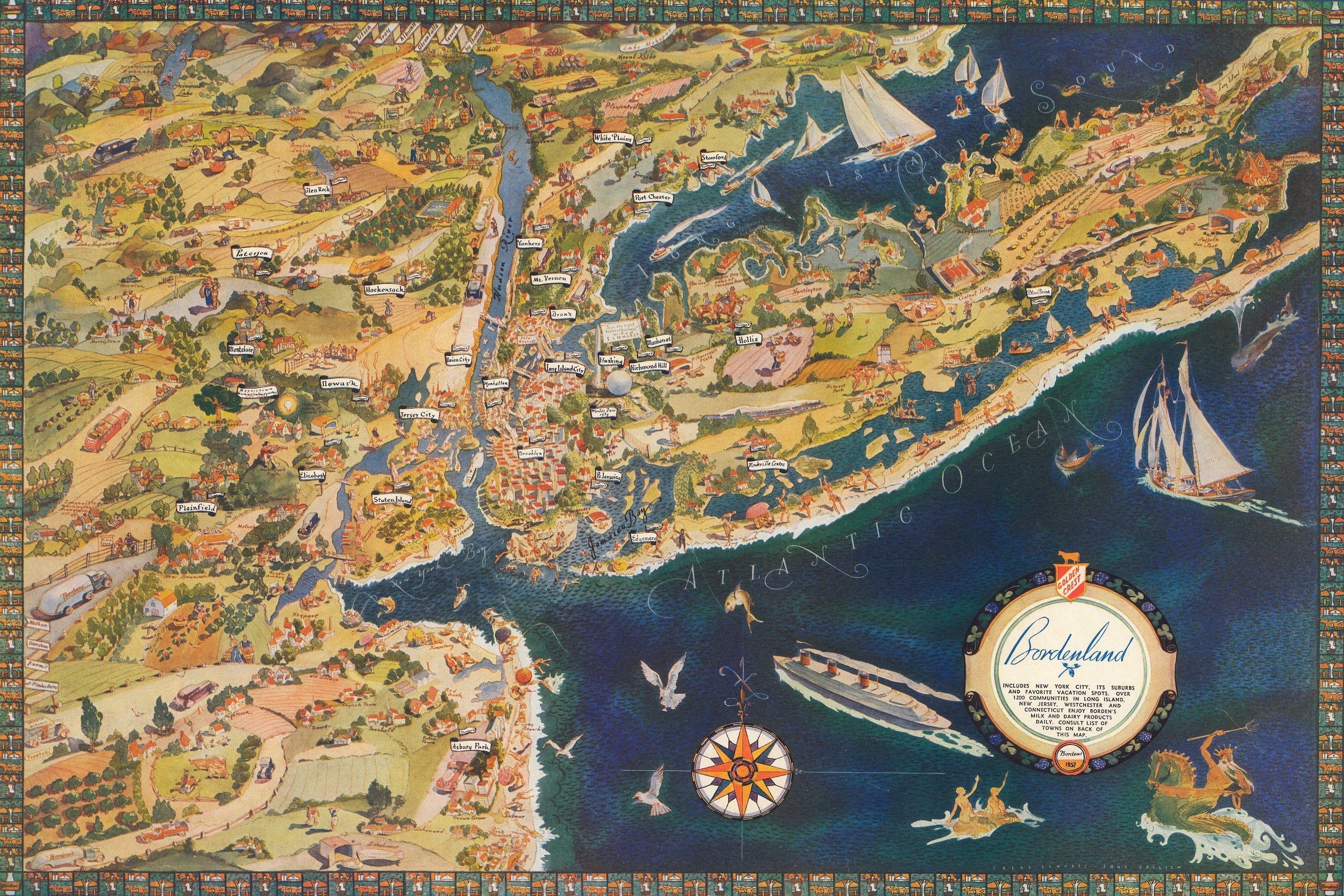 Vintage Bordenland New York New Jersey Colonial Cartoon Map Print