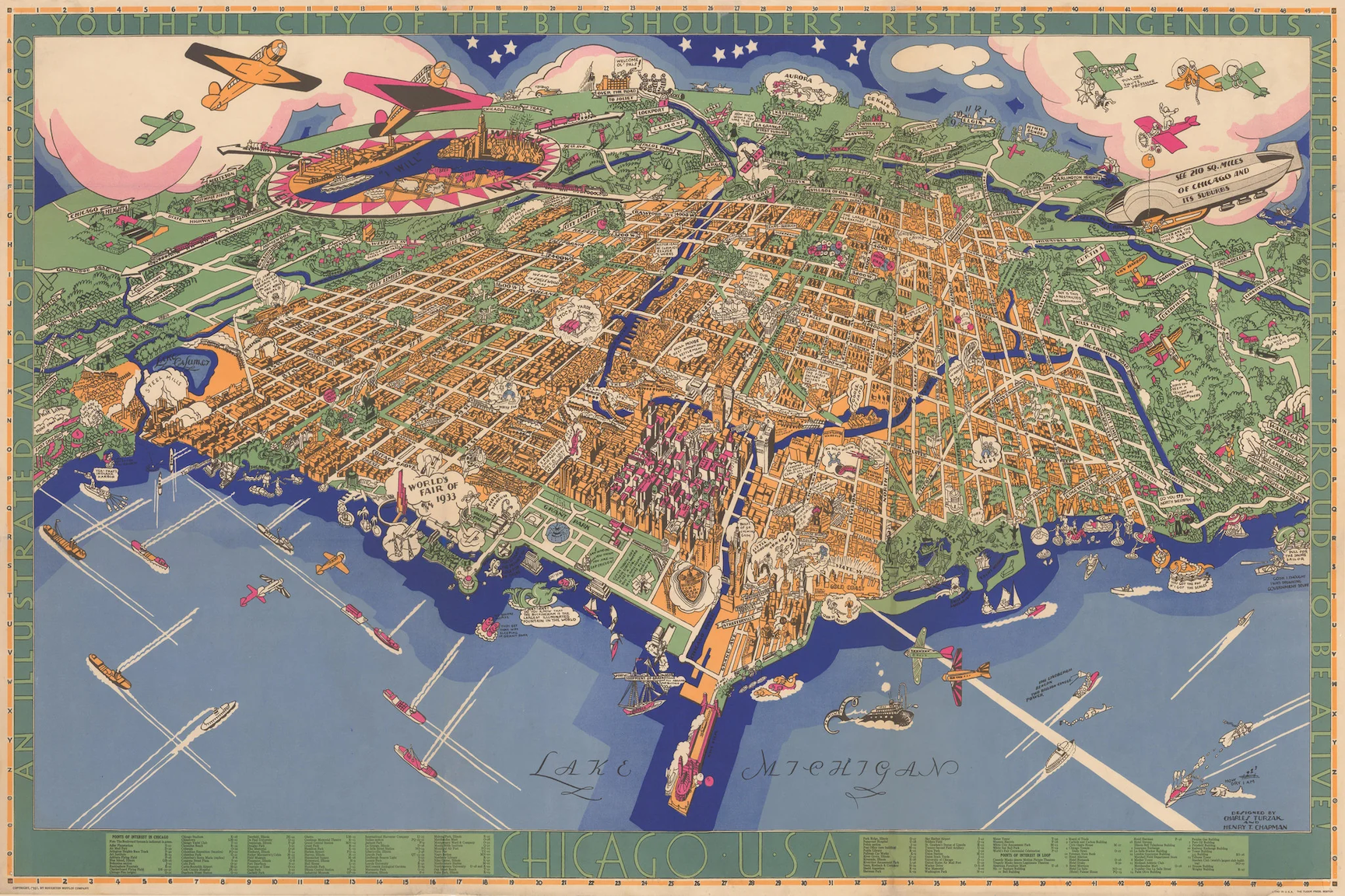 1933 Chicago Worlds Fair Era Pictorial City Map Print