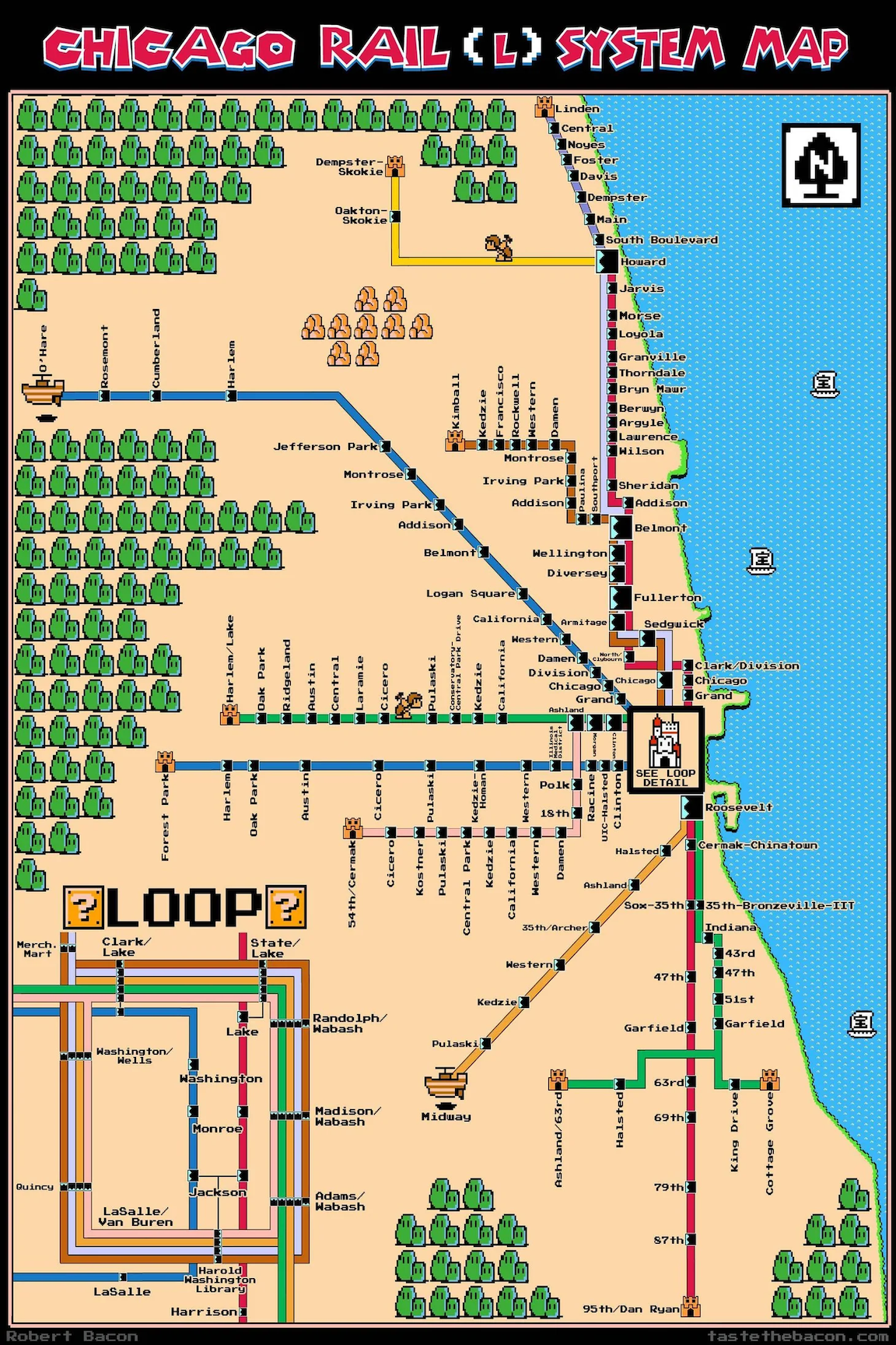 Modern Chicago L Train Pixel Art Transit Map Print
