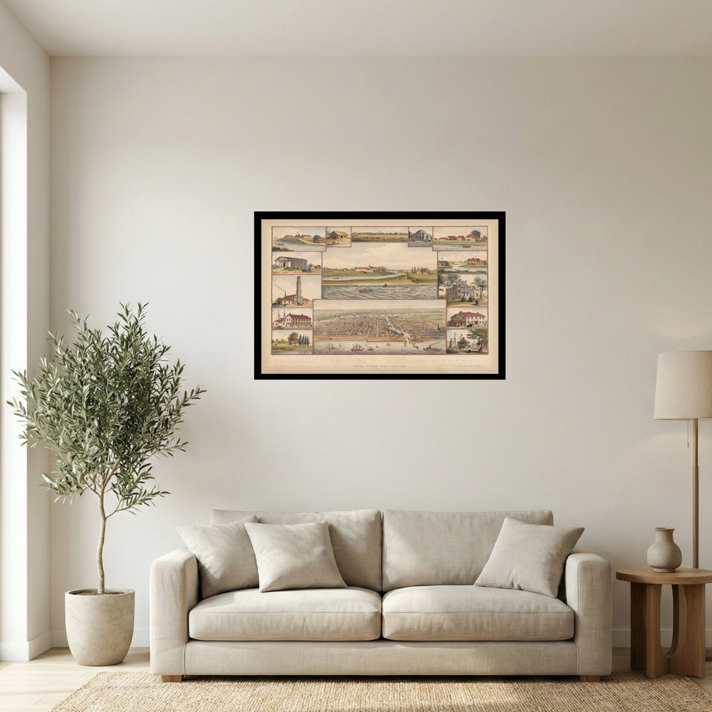 1876 Chicago in Early Days Historical Illustration Map Print Mockup