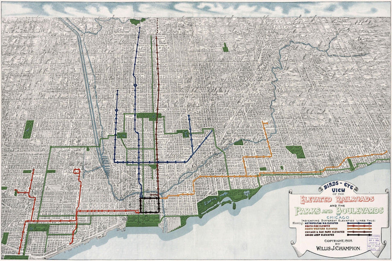 1908 Chicago Elevated Railways Birds-Eye Transit Map Print