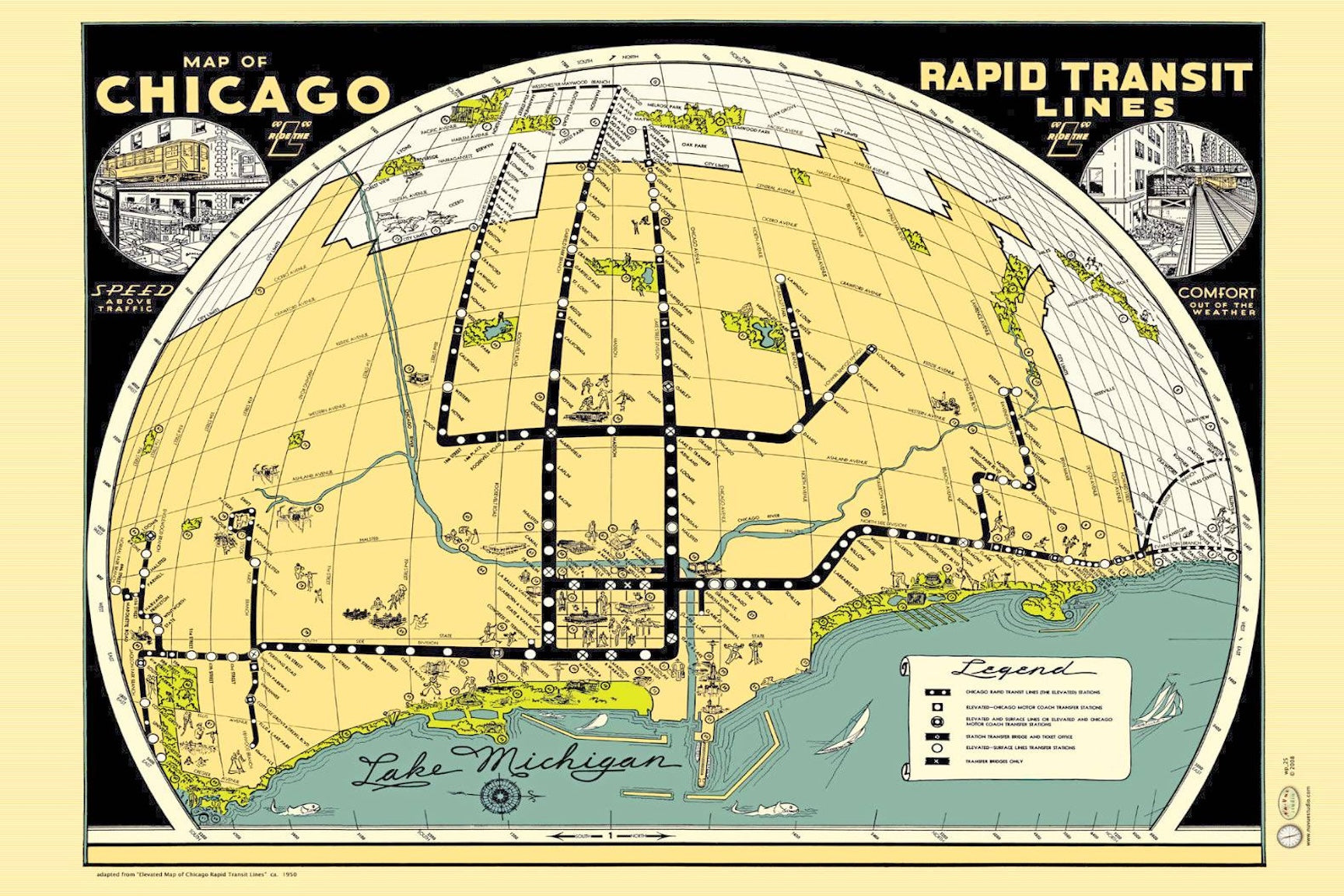 1930 Art Deco Chicago Rapid Transit Map Print