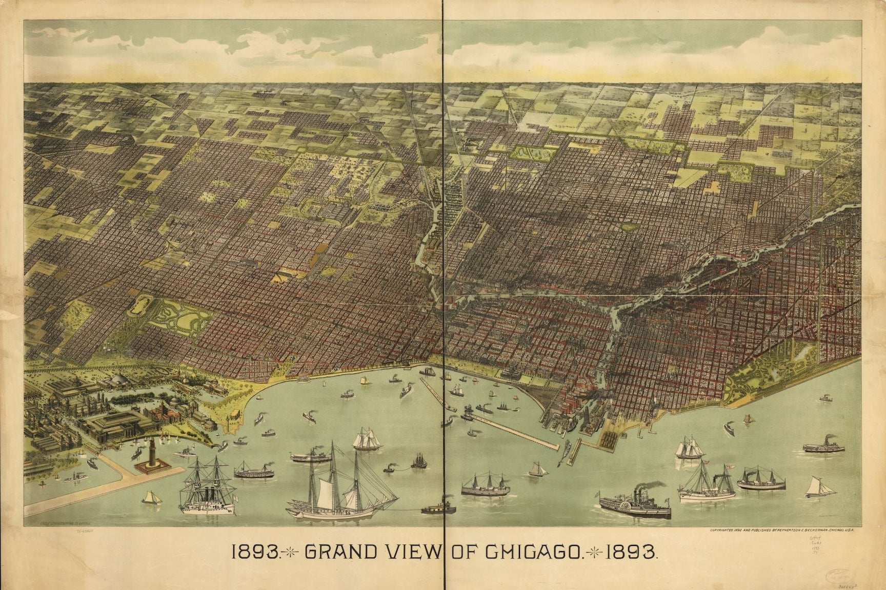 1893 Chicago Harbor Columbian Exposition Birds-Eye Map Print