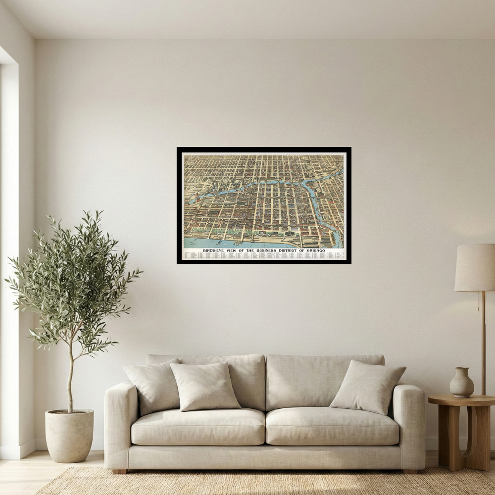 1909 Chicago Business District Birds-Eye View Map Print Mockup