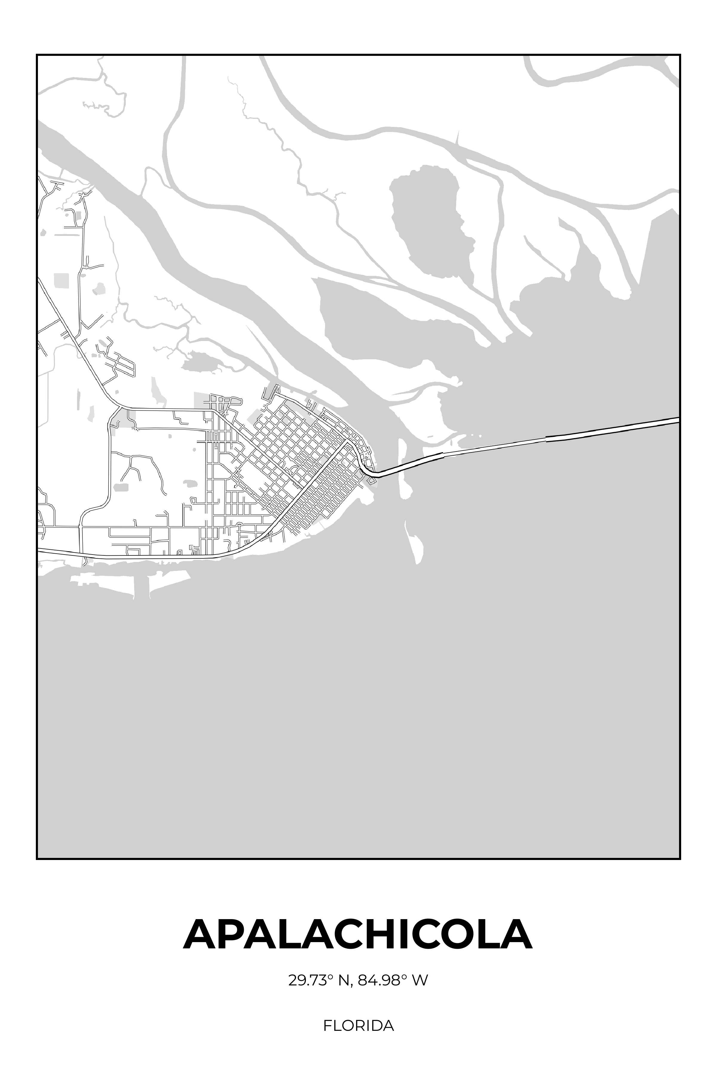 Apalachicola, Florida Monochrome street map poster
