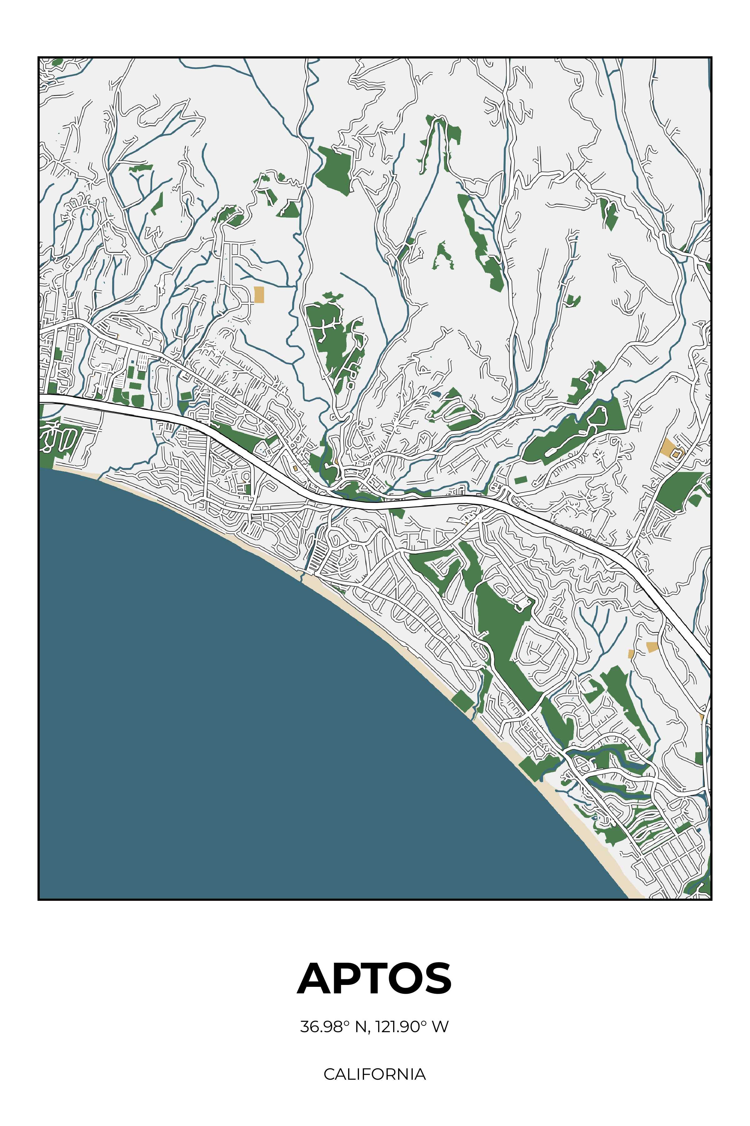 Aptos, California Detailed street map poster