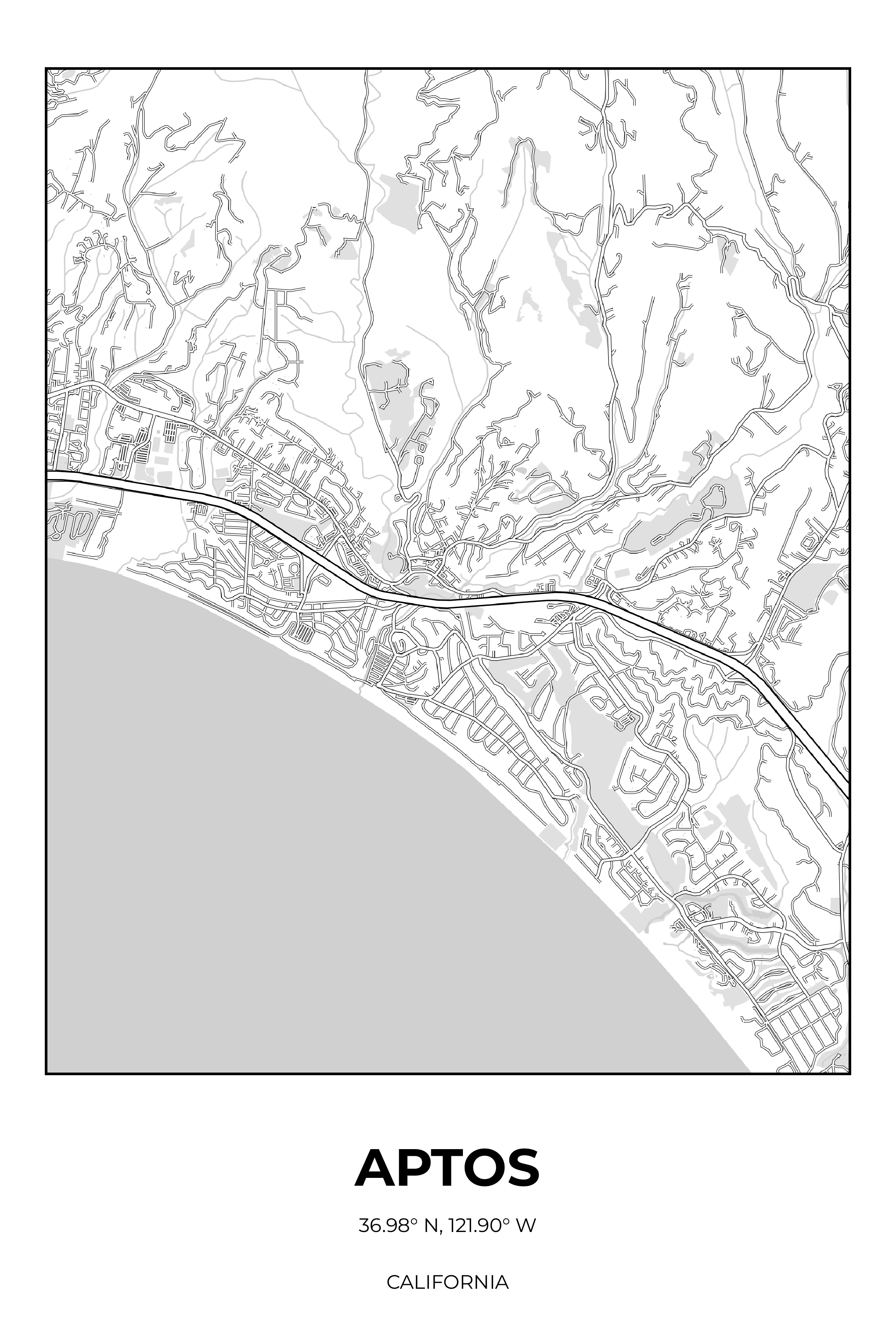 Aptos, California Monochrome street map poster