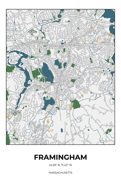 Framingham, Massachusetts Detailed street map poster