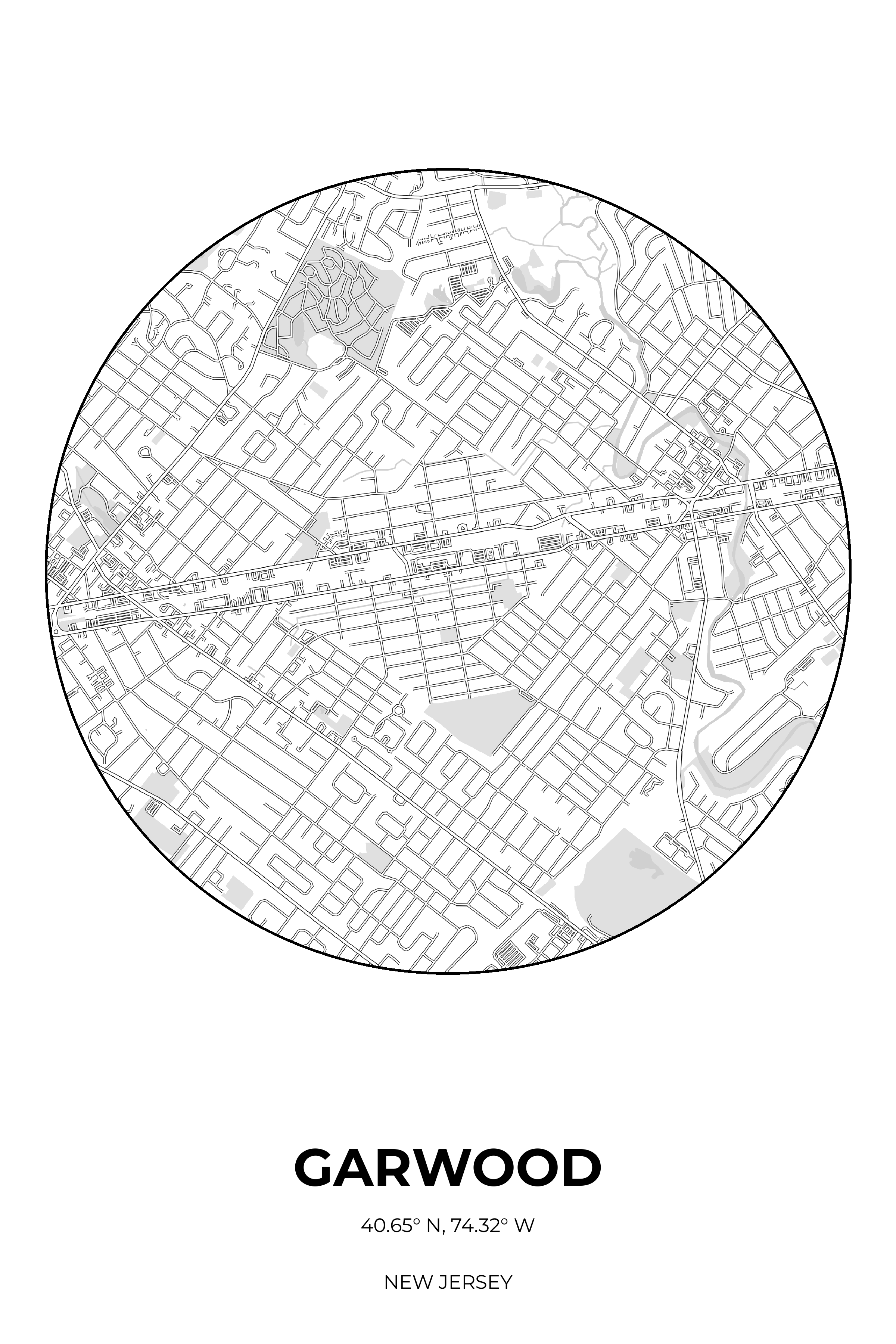 Garwood, New Jersey Monochrome circle map