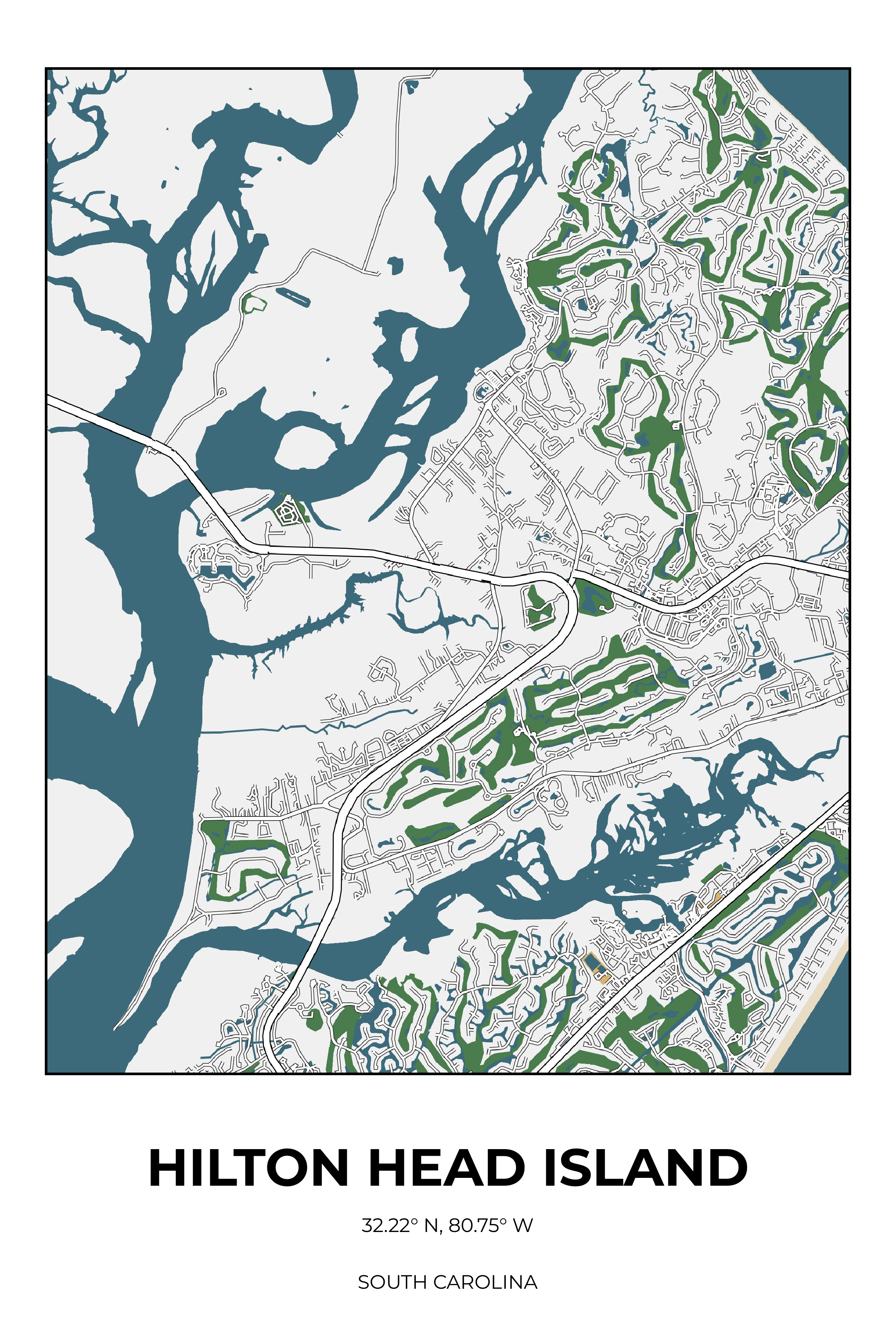 Hilton Head Island, South Carolina Detailed street map poster
