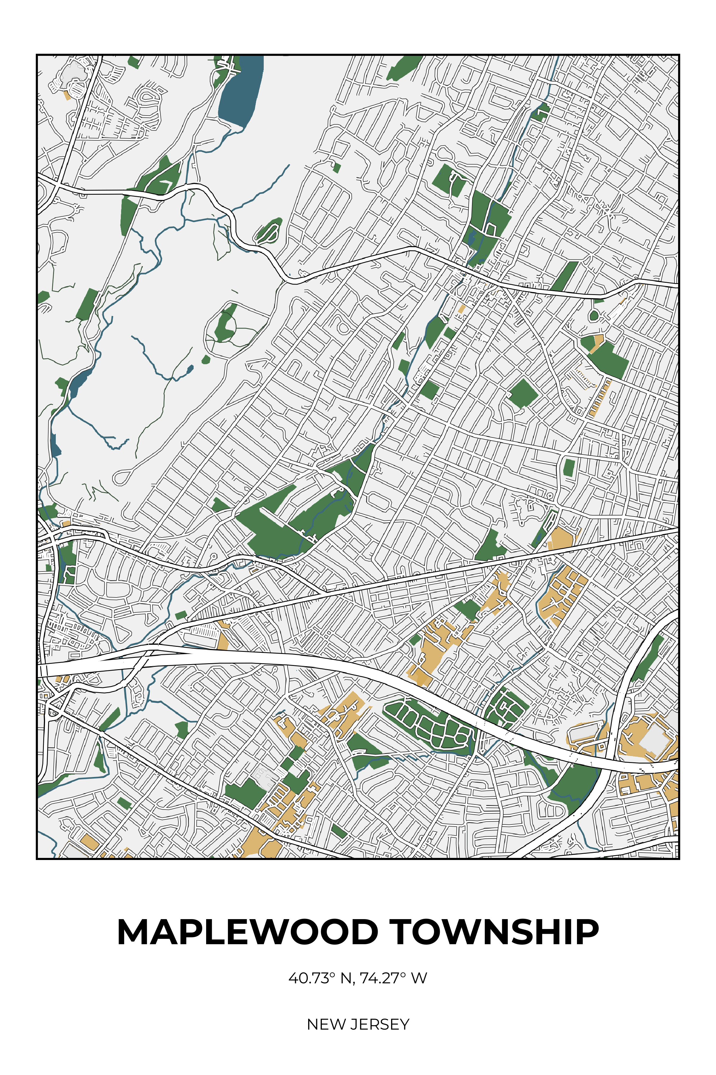 Maplewood Township, New Jersey Detailed street map poster