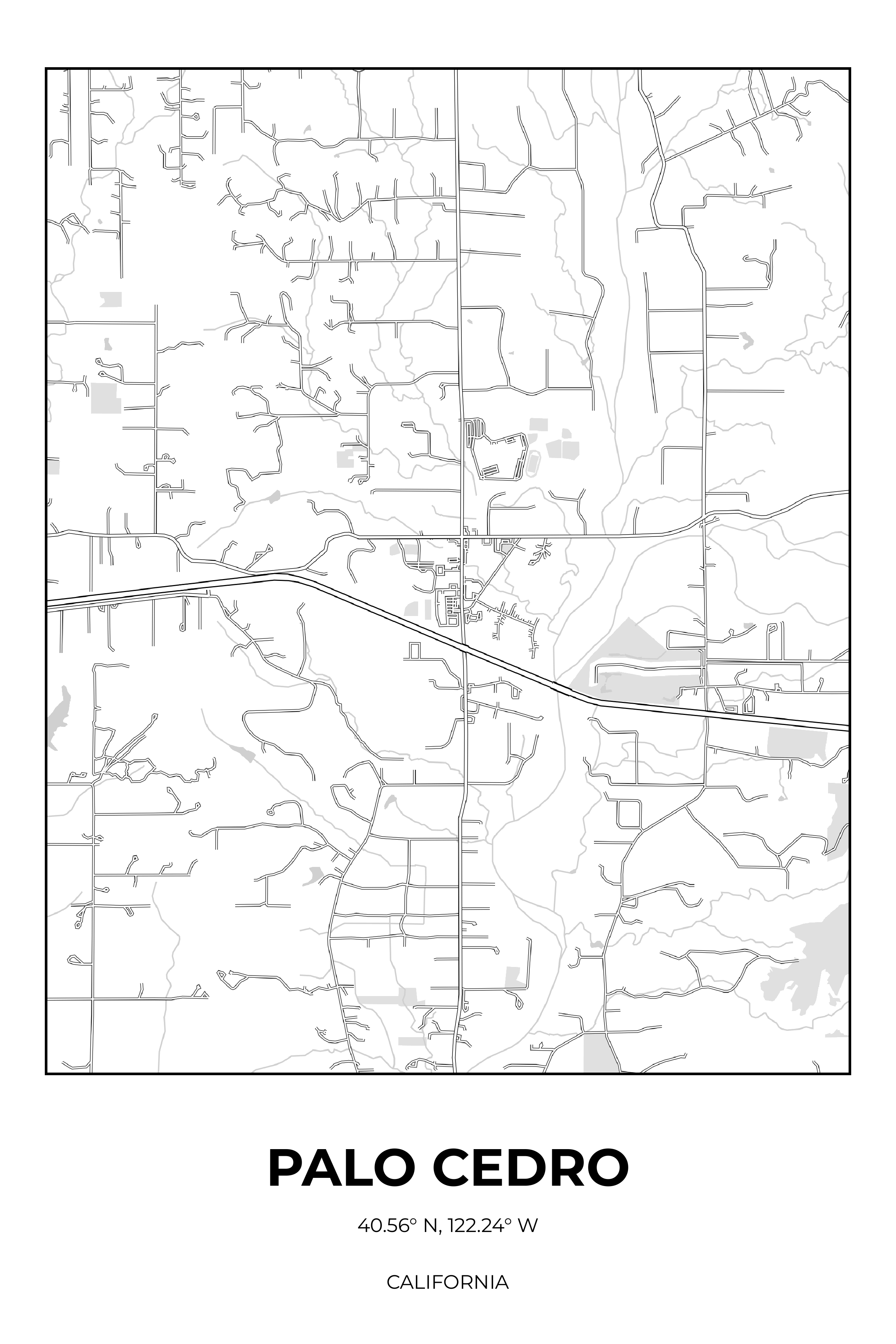Palo Cedro, California Monochrome street map poster