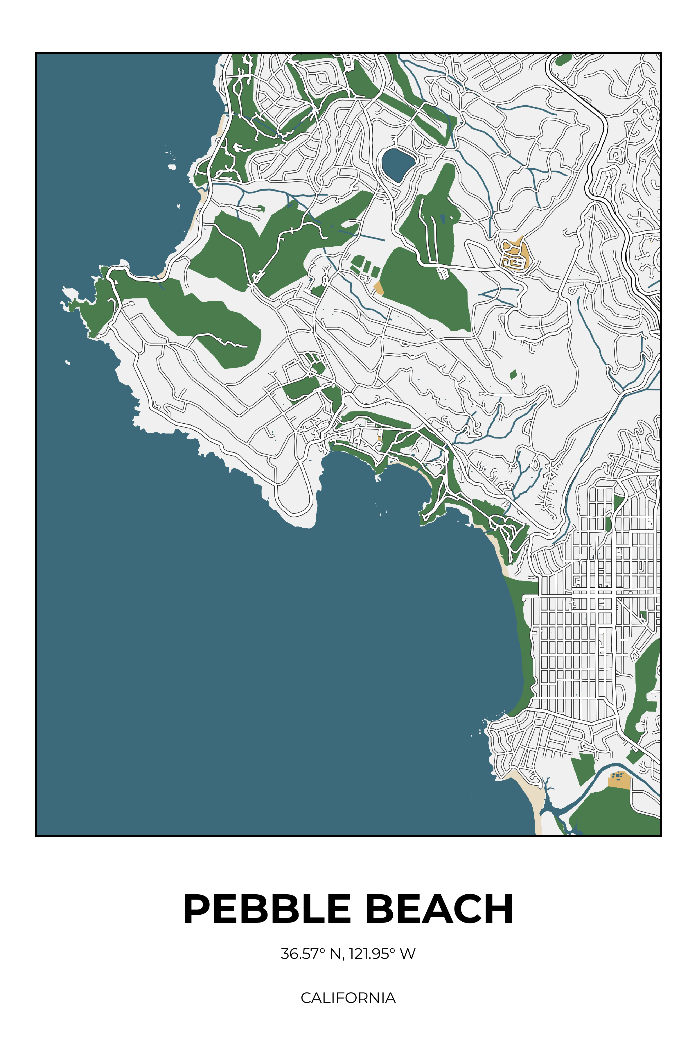 Pebble Beach, California Detailed street map poster