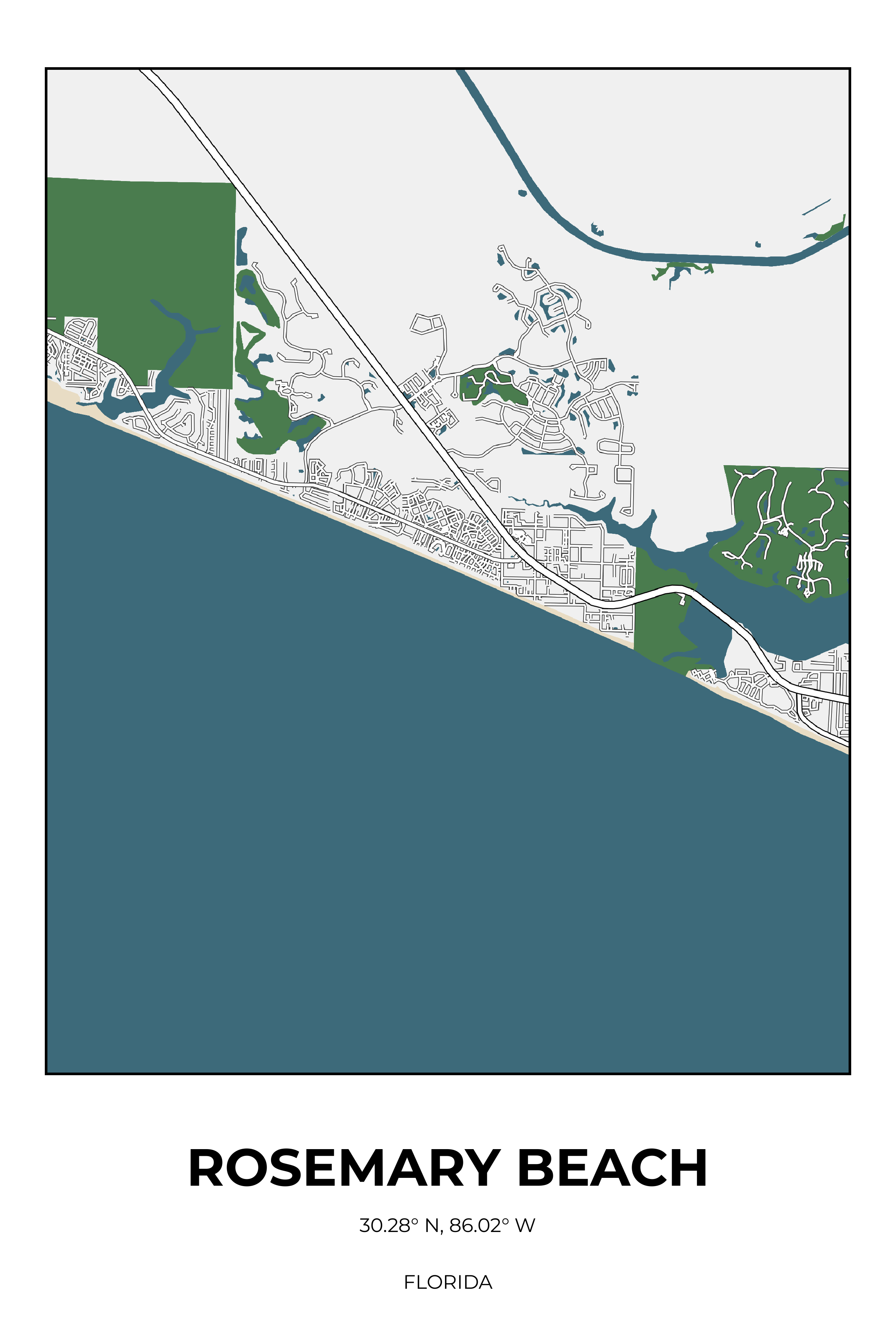 Rosemary Beach, Florida Detailed street map poster
