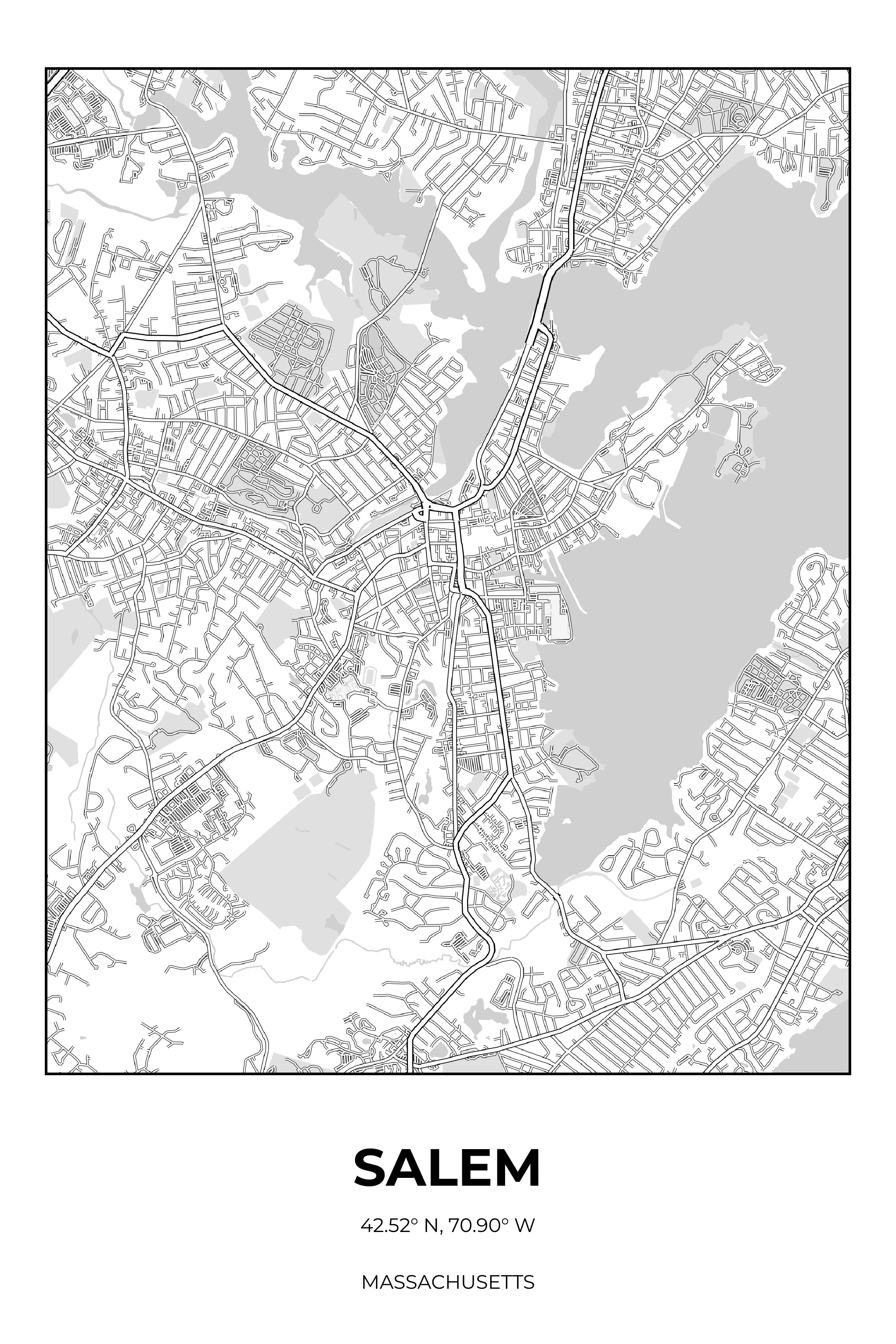 Salem, Massachusetts Monochrome street map poster