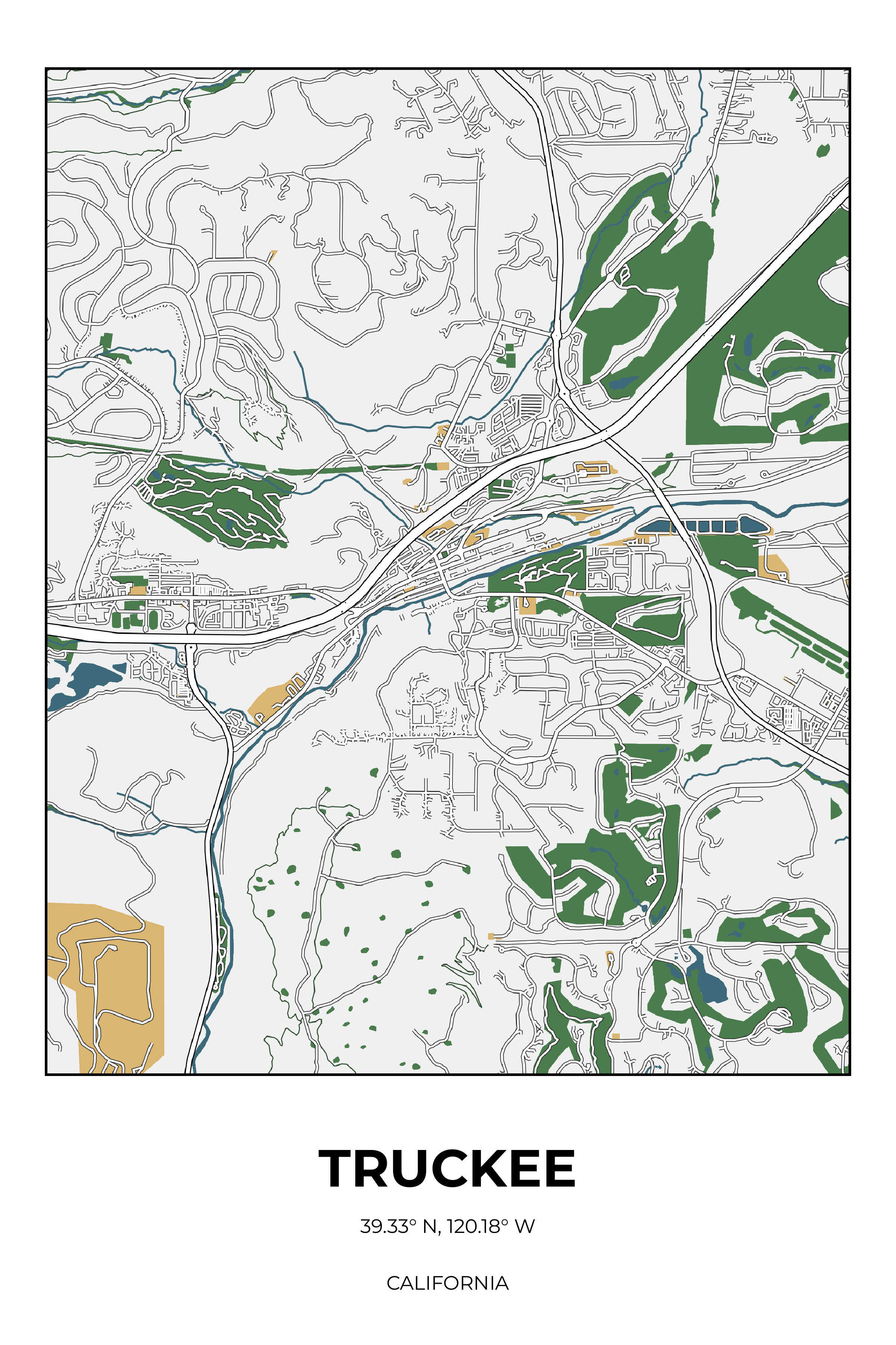 Truckee, California Detailed street map poster