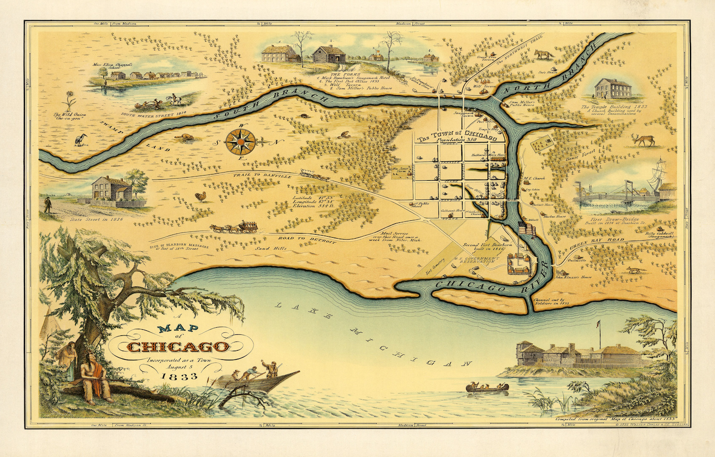 Vintage 1833 Map of Chicago Poster