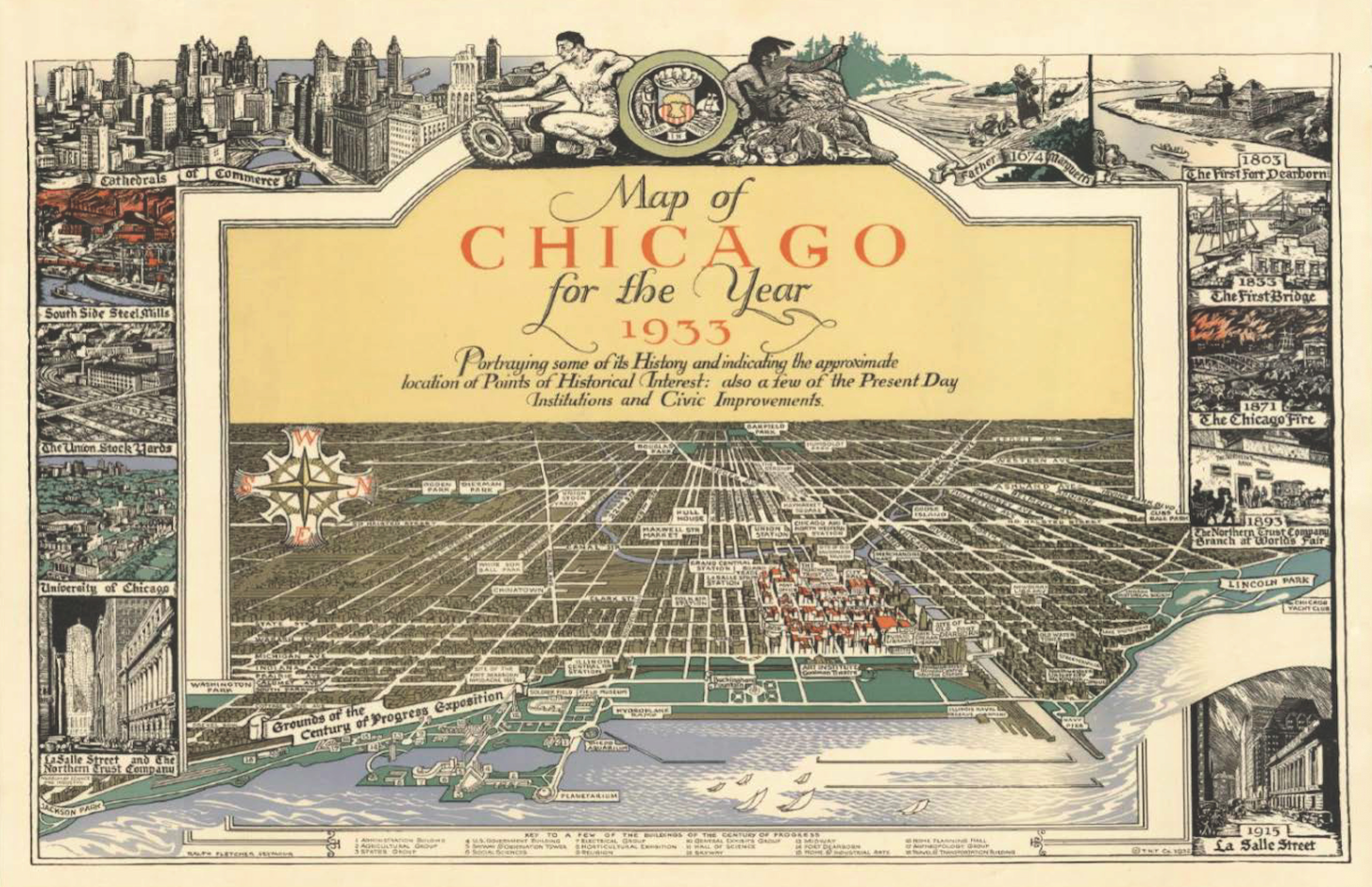 Vintage 1933 Map of Chicago Poster
