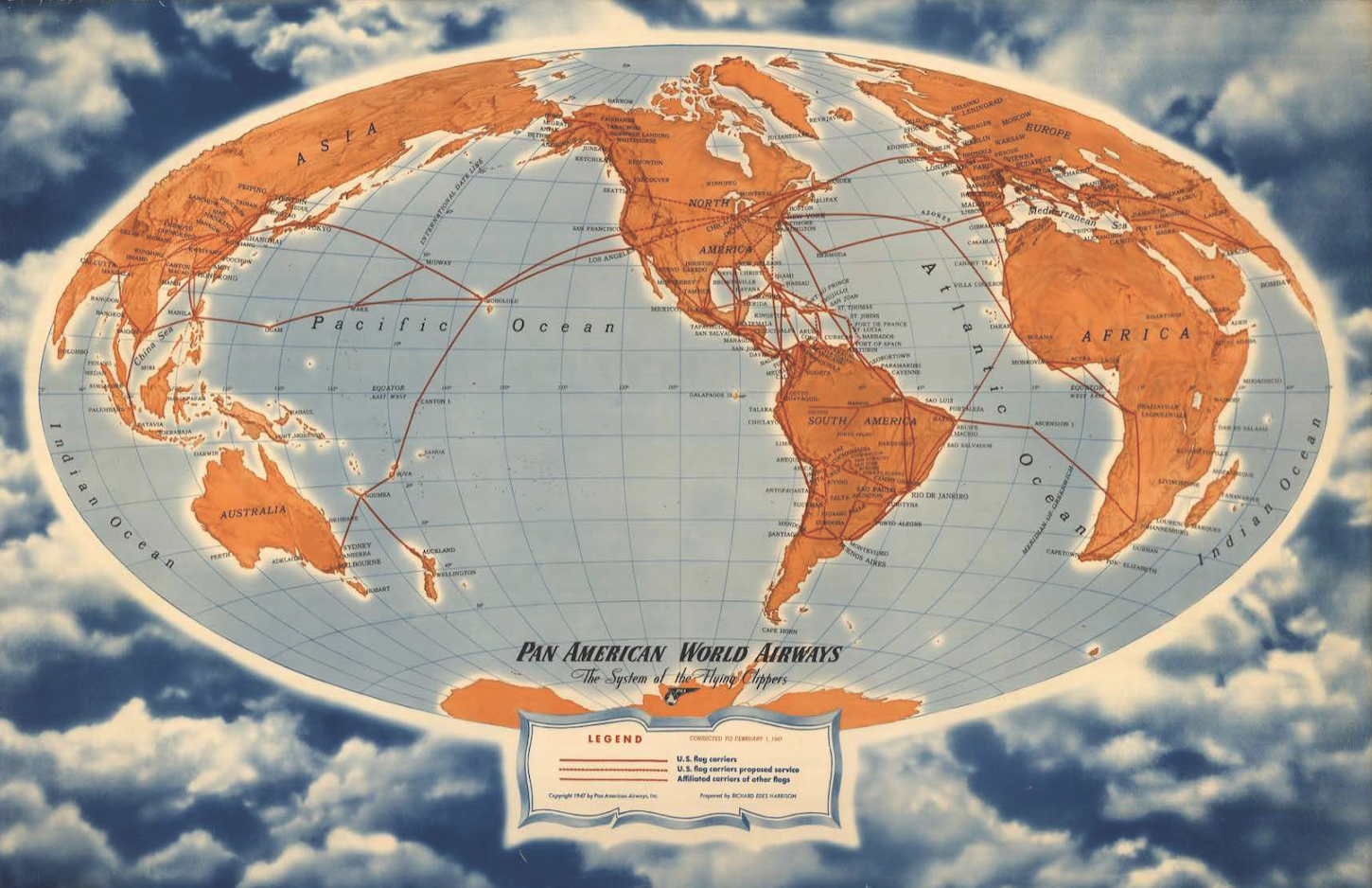Vintage 1947 Pan Am World Map Poster