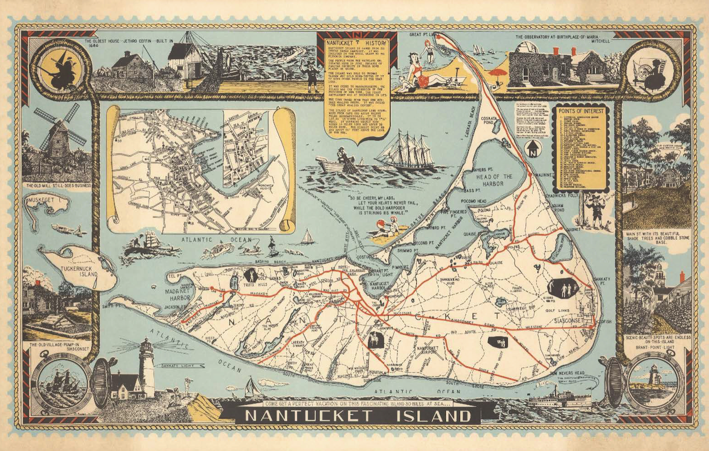 Vintage Nantucket Island Pictorial Map Poster